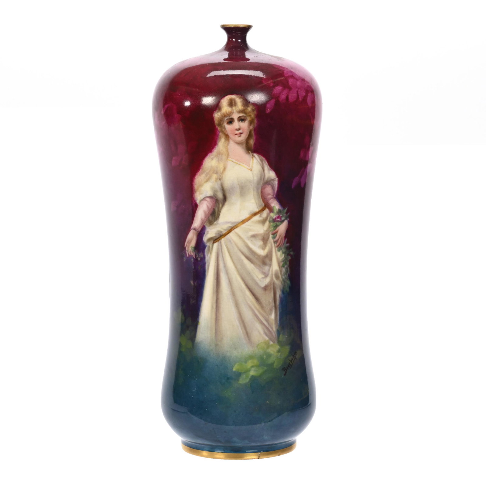 Vase Marked Royal Bonn: Vase Marked Royal Bonn, 8.5" x 3.25", Dark Red To Blue Ground With Scene Of Young Girl Spreading Flowers, Artist Signed Beerbohm, Elfriede & Marvin Miller Estate, ND.