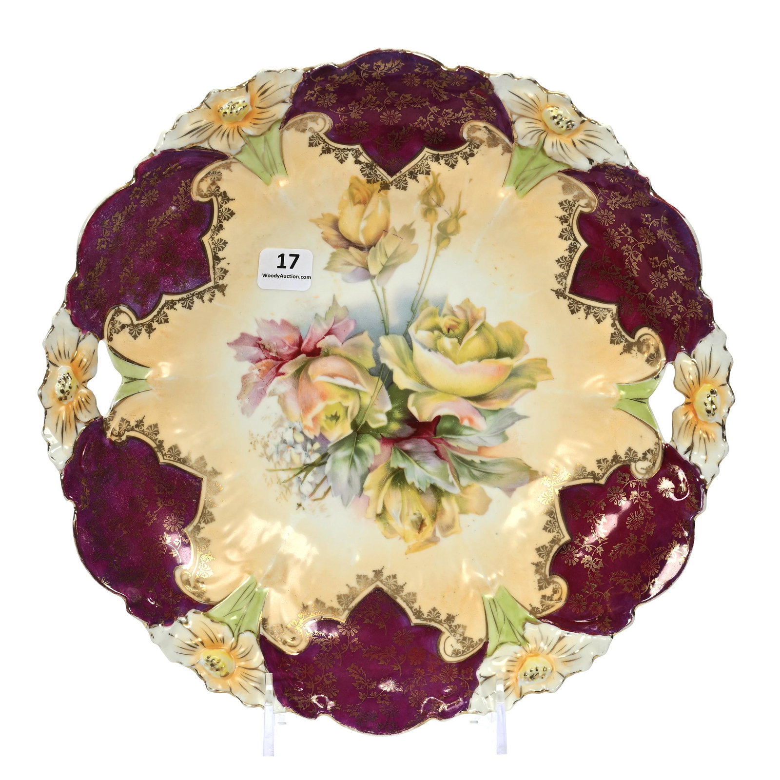 Cake Plate, Unmarked R.S. Prussia: Cake Plate, Unmarked R.S. Prussia, 11", Lily Mold, Cream Ground, Yellow Rose Decor, Lavender Domes With Gold Stencil Highlights, Marvin & Kay Kraus, NE.