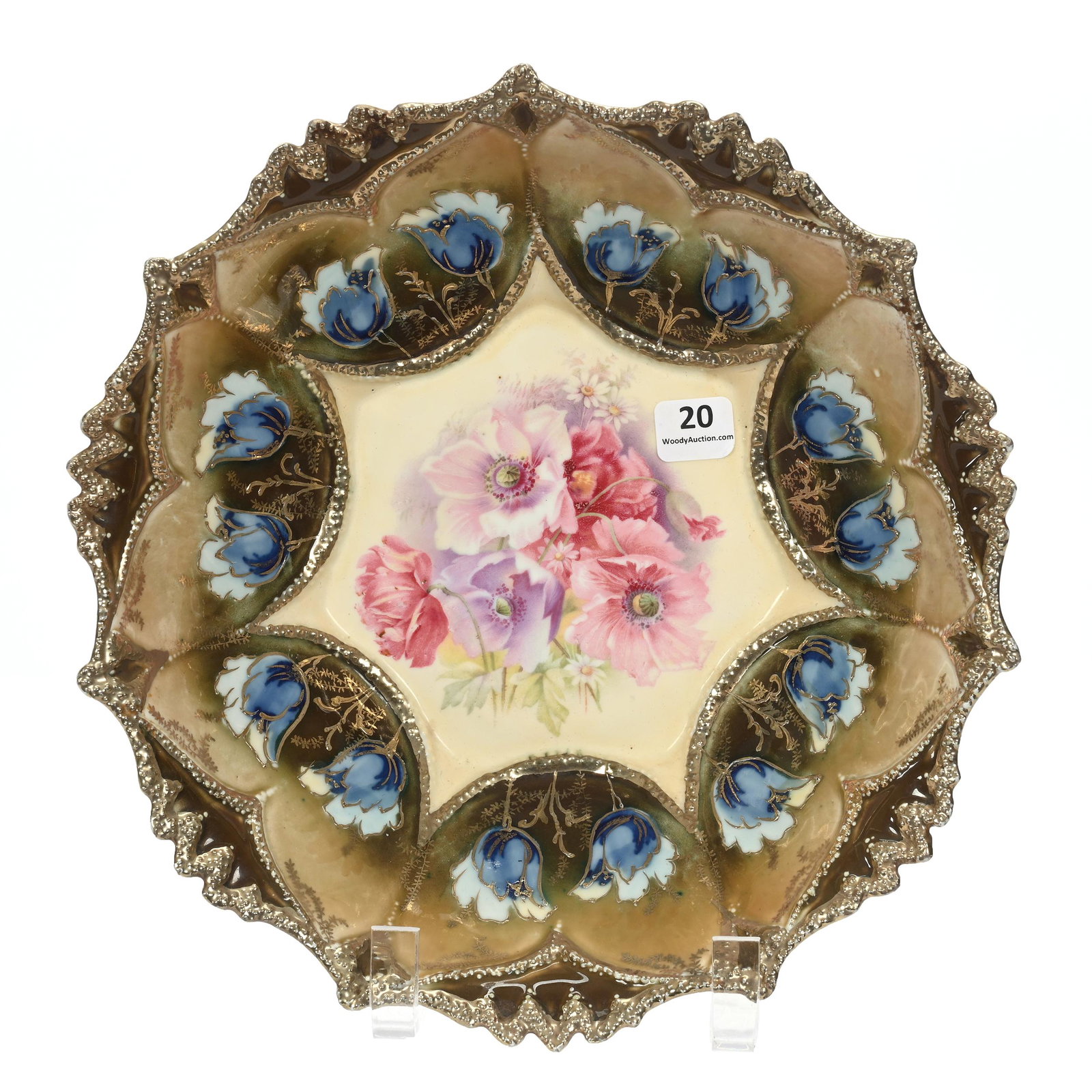Bowl Marked R.S. Prussia: Bowl Marked R.S. Prussia, 10.5", Cream Center With Poppy Decor, Beautiful Brown Iridescent Border With Cobalt Blue Tulip Highlights, Very Nice, Marvin & Kay Kraus, NE.