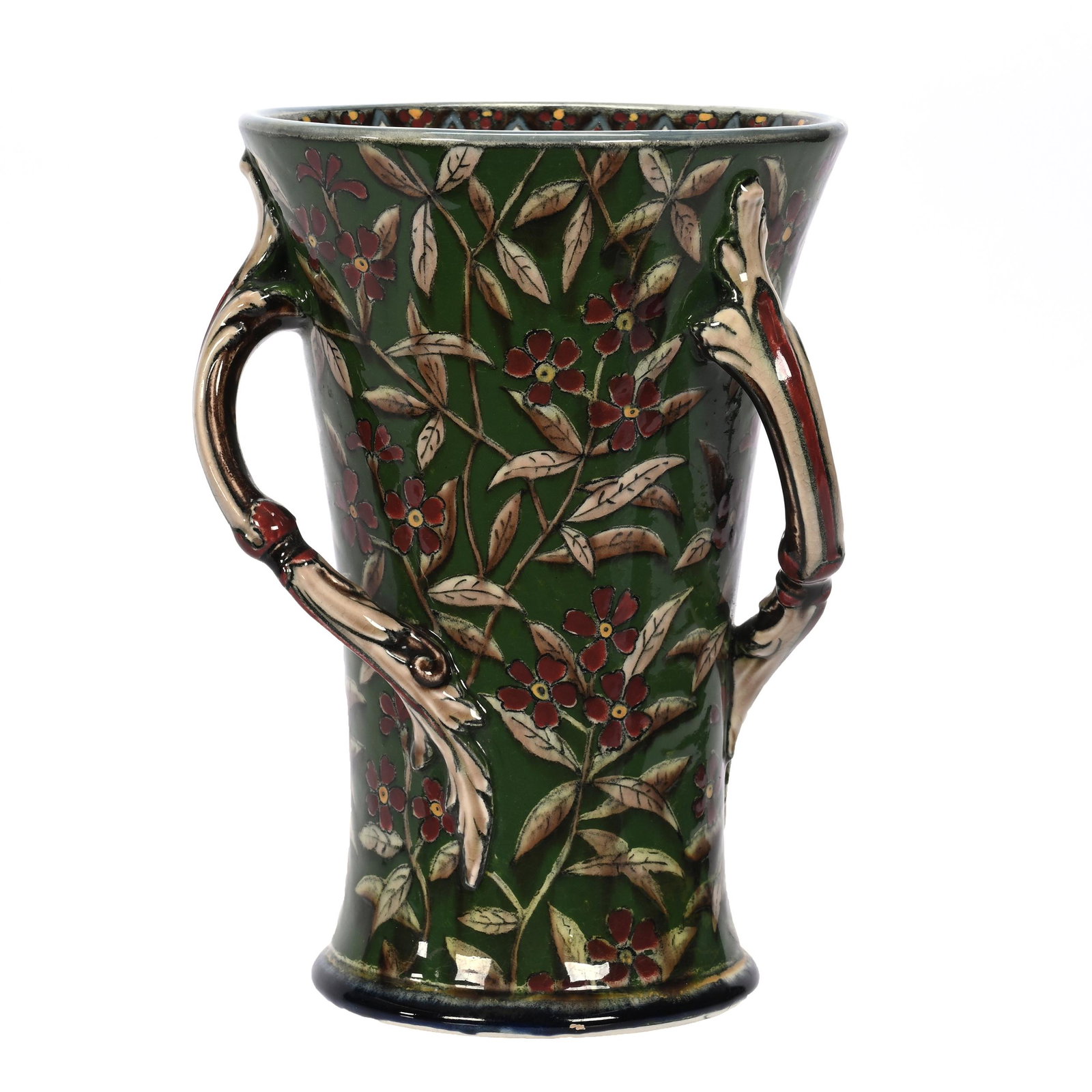 Loving Cup, Three Handles, Marked Royal Bonn Liberty: Loving Cup, Three Handles, Marked Royal Bonn Liberty, 7" x 4.75", Also Marked D72, Green Ground With Blossom And Vine Decor, Elfriede & Marvin Miller Estate, ND.