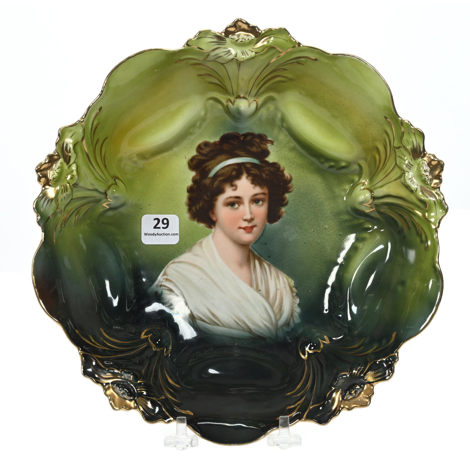 Bowl, Unmarked R.S. Prussia: Bowl, Unmarked R.S. Prussia, 9.25", Lily Mold, Green With Portrait Of Lebrun With Ribbon, Gold Trim Highlights, Marvin & Kay Kraus, NE.