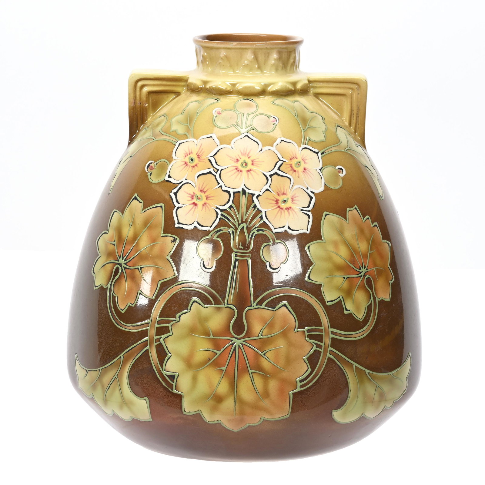 Vase Marked Royal Bonn: Vase Marked Royal Bonn, 8.75" x 8", Brown And Yellow Tones, Art Deco Floral Design, Elfriede & Marvin Miller Estate, ND.