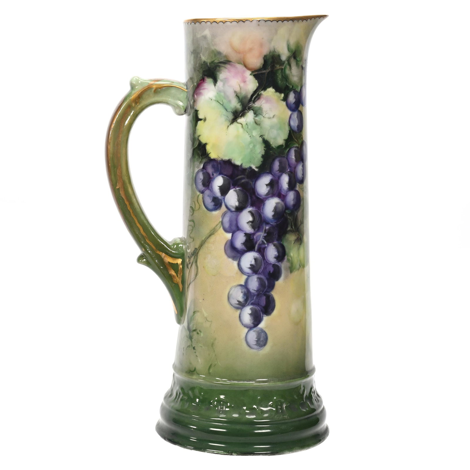 Tankard Marked T & V Limoges, Hand Painted: Tankard Marked T & V Limoges, Hand Painted, 14.5" x 7.5", Green With Vintage Decor, Artist Signed Erickson, Handle Has Probable Touch-Up, Marvin & Kay Kraus, NE.