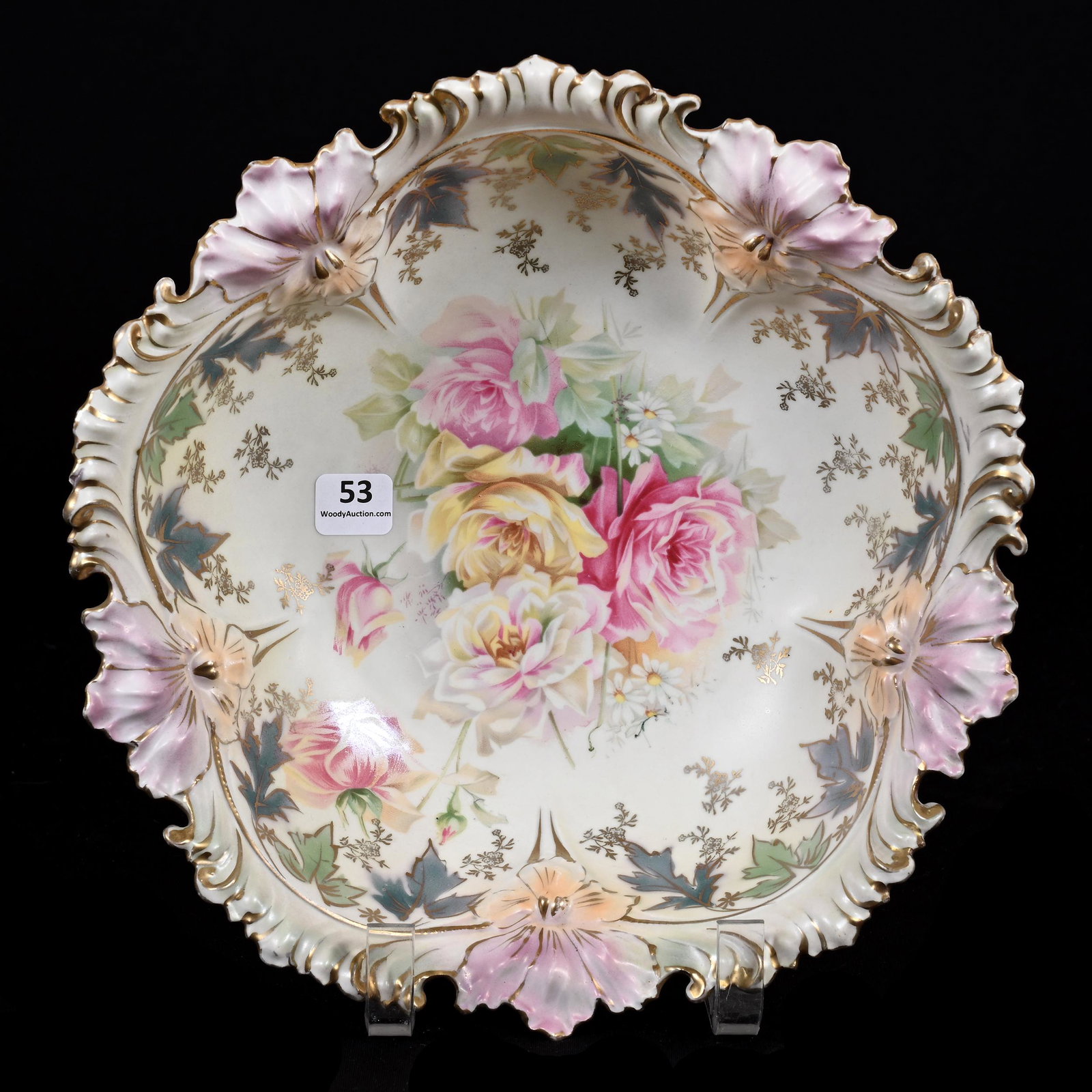 Bowl Marked R.S. Prussia: Bowl Marked R.S. Prussia, 10.5", Mold #55, Cream Satin Finish, Rose Decor, Multi-Color Border Highlights, Marvin & Kay Kraus, NE.