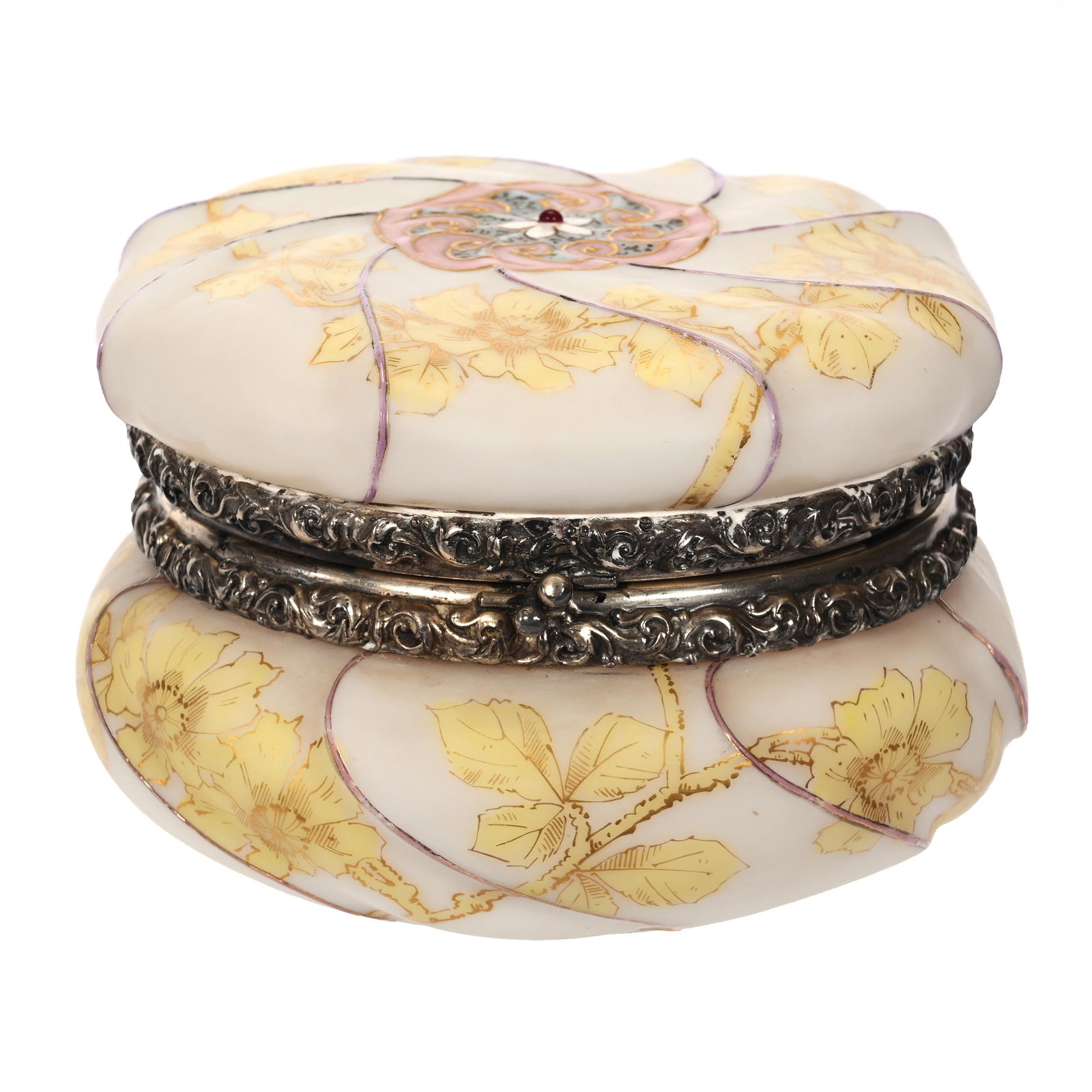 Jewel Box, Unmarked Wave Crest, Paper Label: Jewel Box, Unmarked Wave Crest, Paper Label, 3.5" x 5.5", Swirl Mold, Cream Tones With Yellow Floral Decor, Pink And Lavender Enamel Highlights, Clifford Swift Collection, GA.