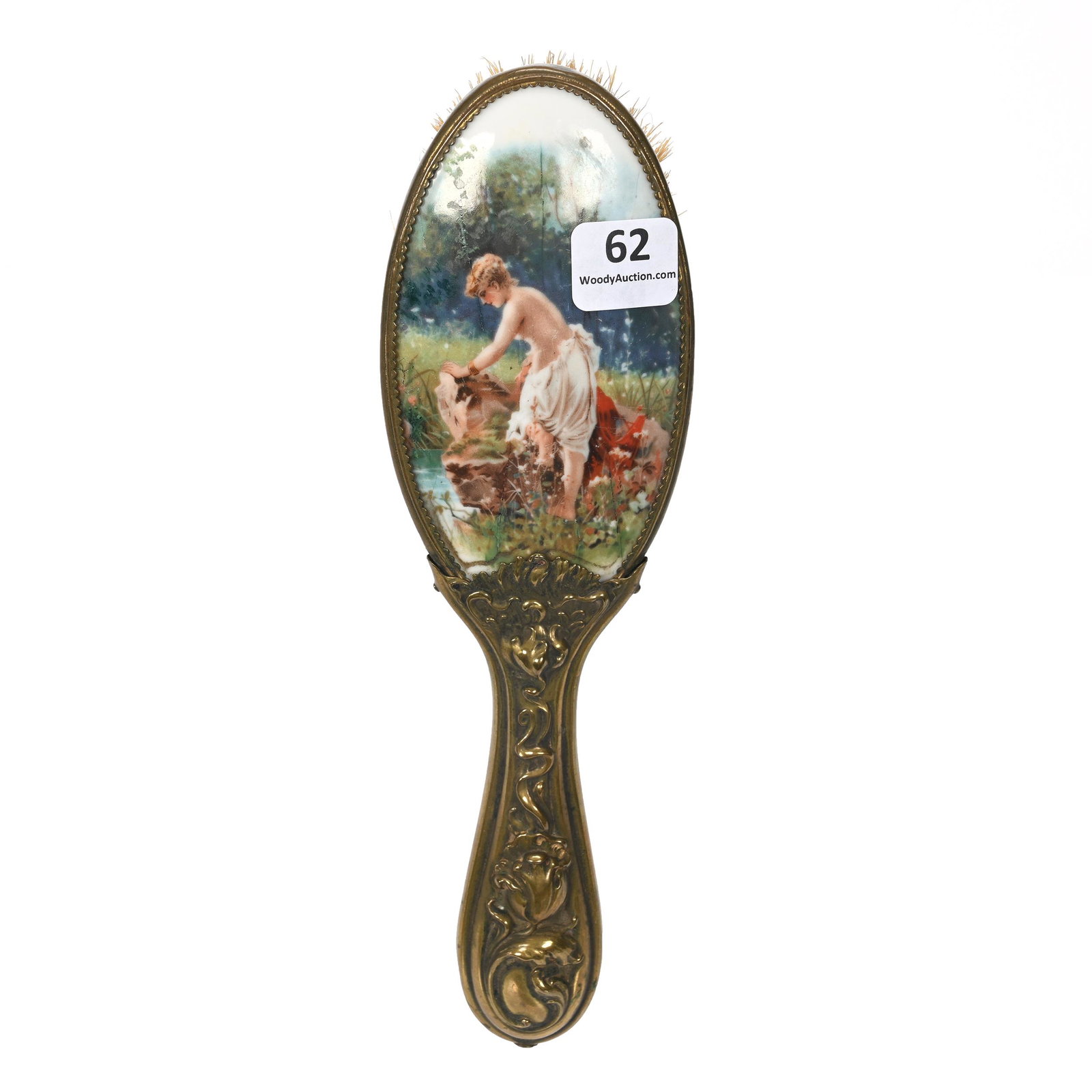 Hair Brush, Nymph On Rock Ledge Scenic Decor: Hair Brush, Nymph On Rock Ledge Scenic Decor, 8.25", Embossed Metal Frame, Marvin & Kay Kraus, NE.