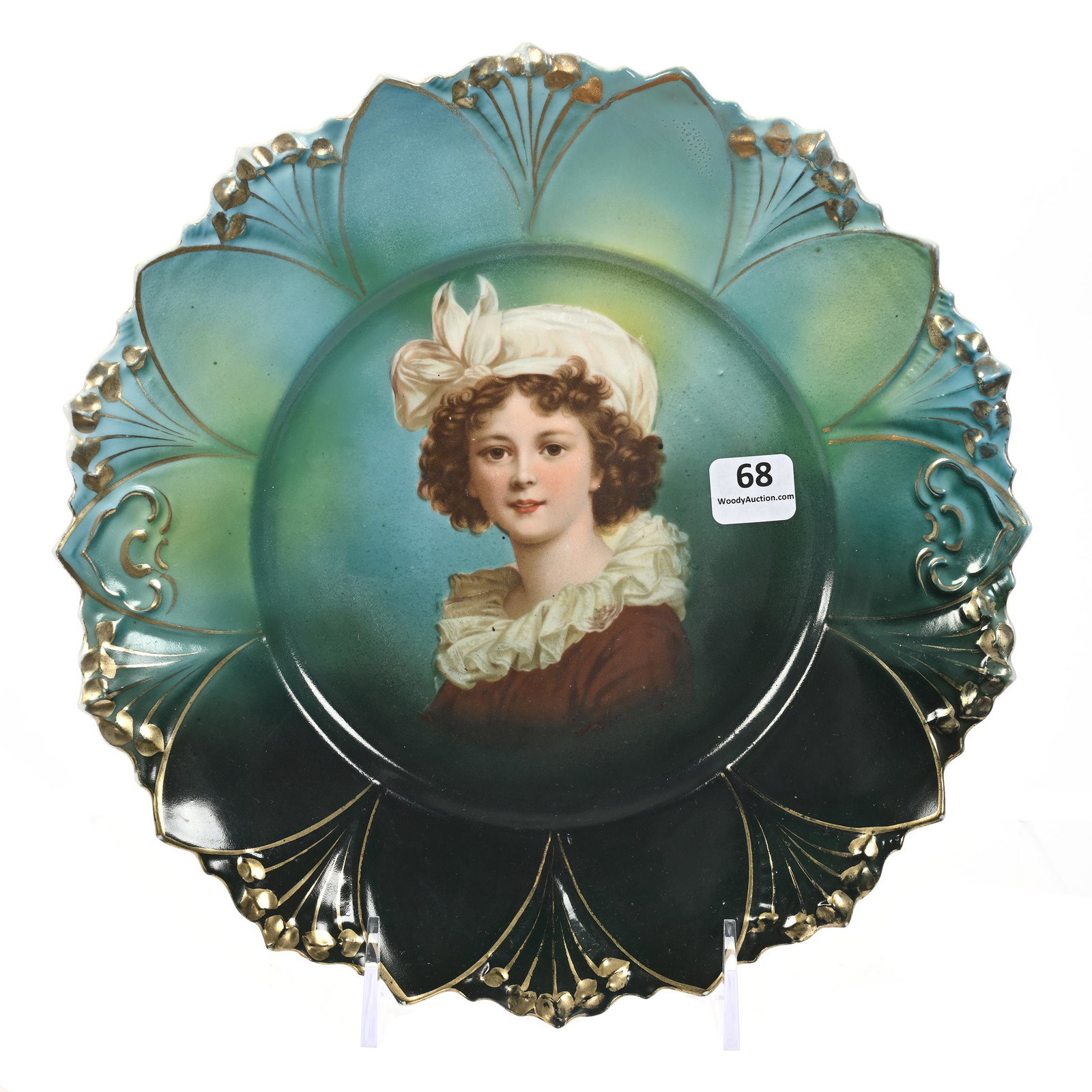 Plate, Unmarked R.S. Prussia: Plate, Unmarked R.S. Prussia, 10", Green And Blue Ground, Lebrun With Hat Portrait, Crow's Foot, Marvin & Kay Kraus, NE.