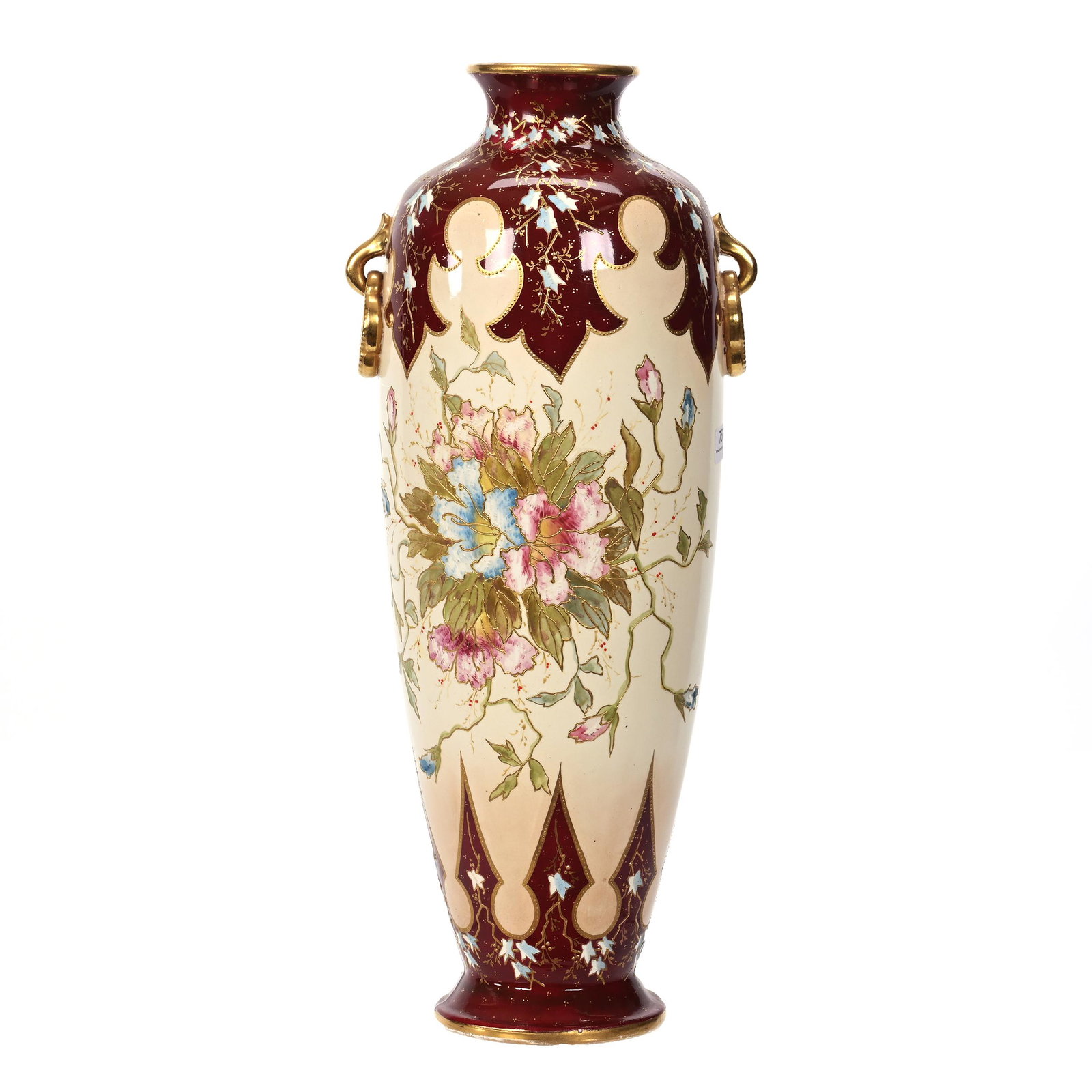 Vase Marked Royal Bonn: Vase Marked Royal Bonn, 18.5" x 7.5", Cream Tones With Colorful Floral Decor, Dark Red Border, Nice Gold Enamel Highlights, Elfriede & Marvin Miller Estate, ND.