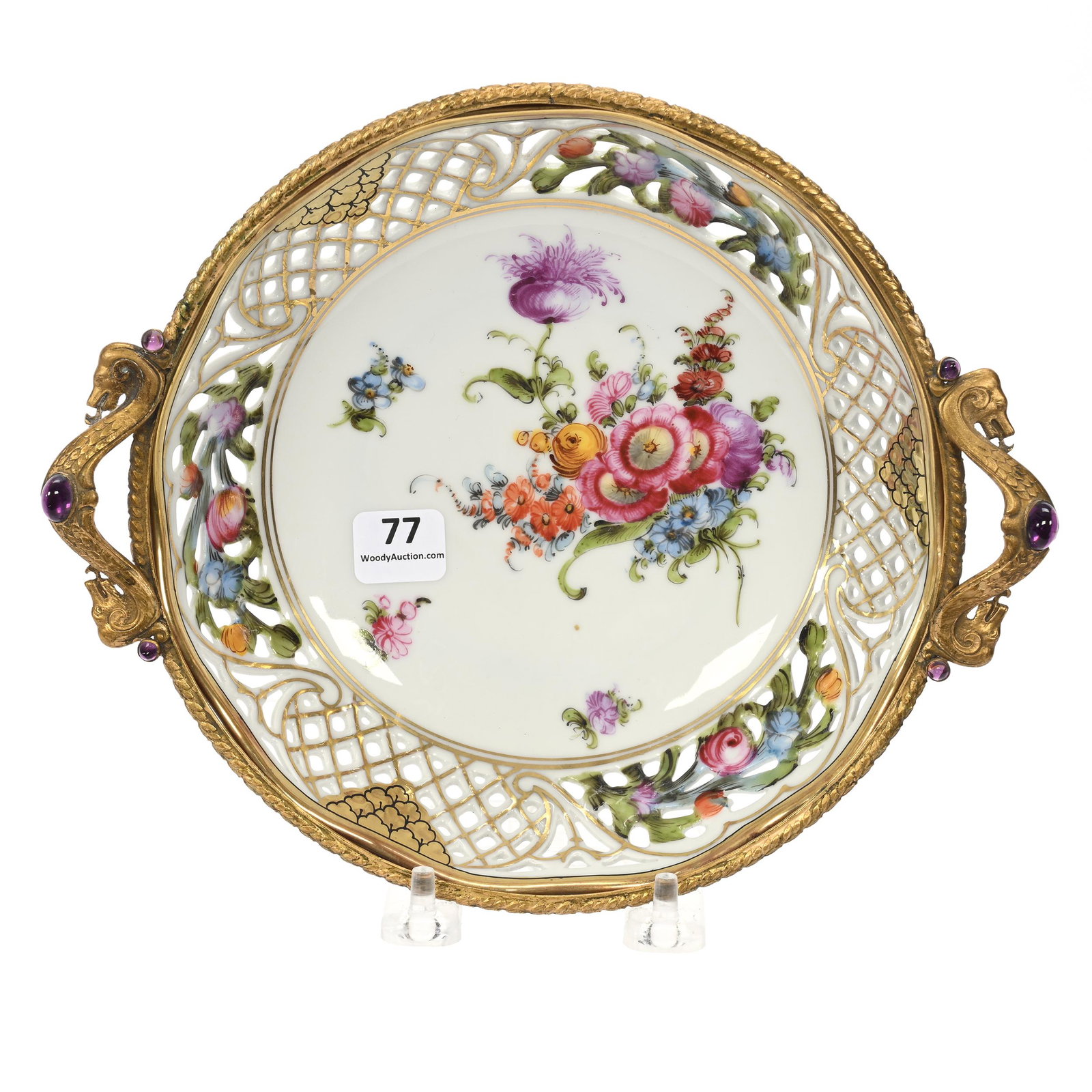 Bowl Marked Silesia: Bowl Marked Silesia, 9.25" x 7.5", Two Handles, White With Colorful Floral Decor, Reticulated Border, Gilt Metal Rim And Handles With Amethyst Jewels, Marvin & Kay Kraus, NE.