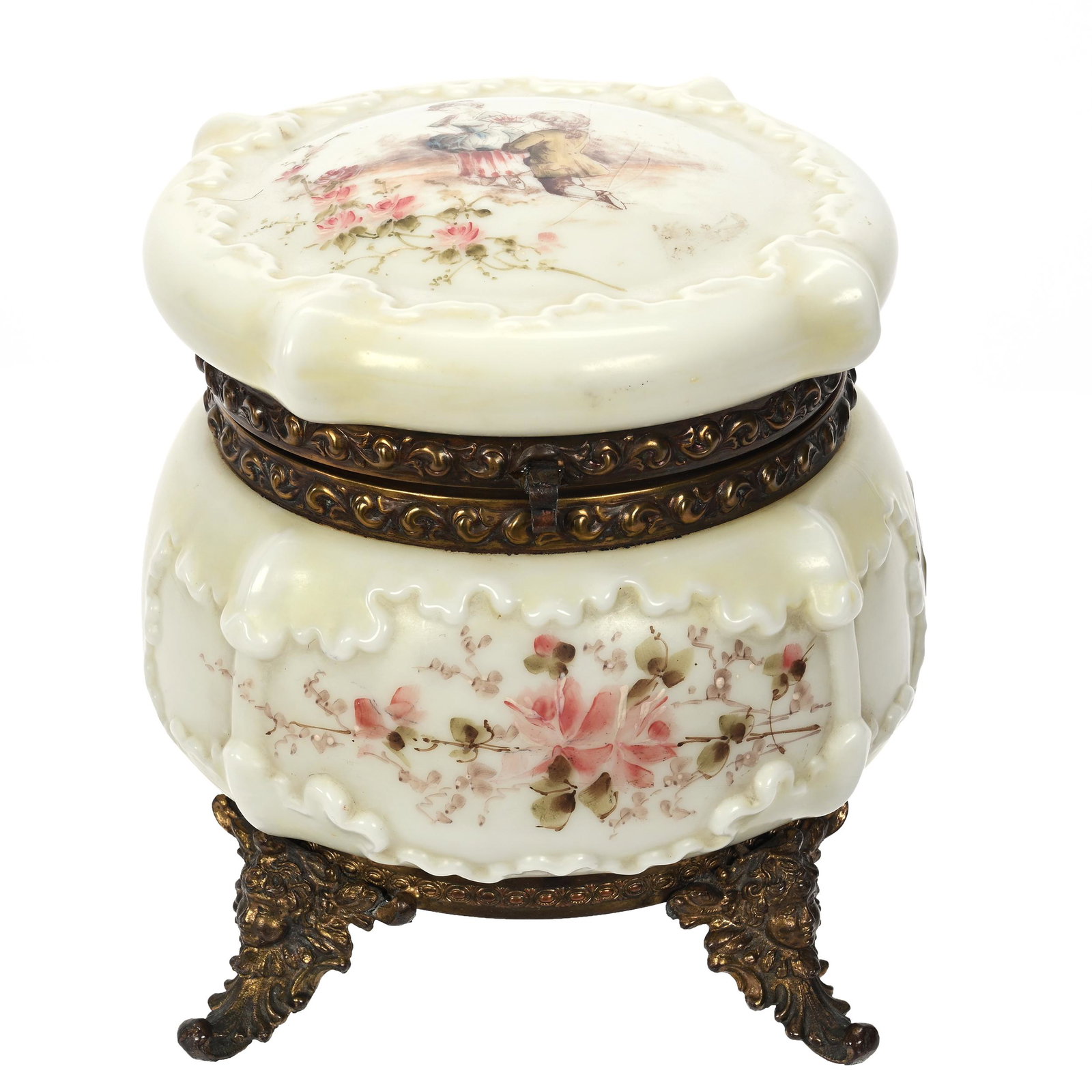 Dresser Box, Wave Crest Stamp Mark (Faint Mark): Dresser Box, Wave Crest Stamp Mark (Faint Mark), 6" x 5.5", Yellow And White Tones, Ruffled Mold, Courting Scene On Lid, Pink Floral Highlights, Clifford Swift Collection, GA.