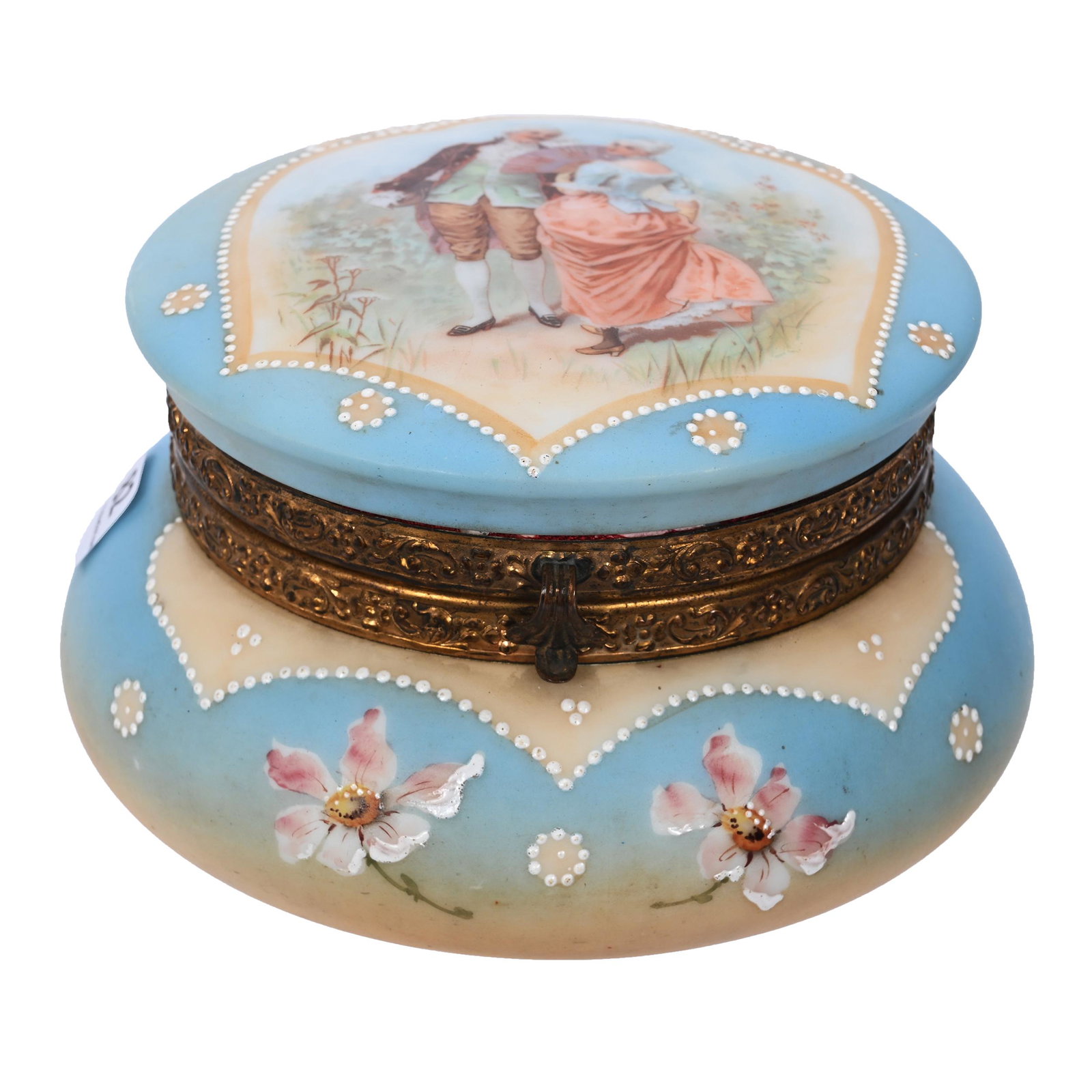 Jewel Box Marked Nakara: Jewel Box Marked Nakara, 3.5" x 5.75", Blue And Cream Tones, Classic Courting Scene Decor, White Enamel Beaded Highlights, Clifford Swift Collection, GA.