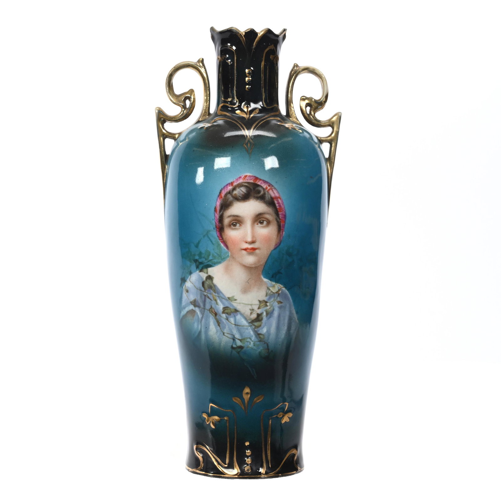 Vase Marked Royal Vienna: Vase Marked Royal Vienna, 9" x 3.75", Blue And Black Background With Portrait Of Young Peasant Girl, Gold Trim Highlights, Two Handles, Marvin & Kay Kraus, NE.