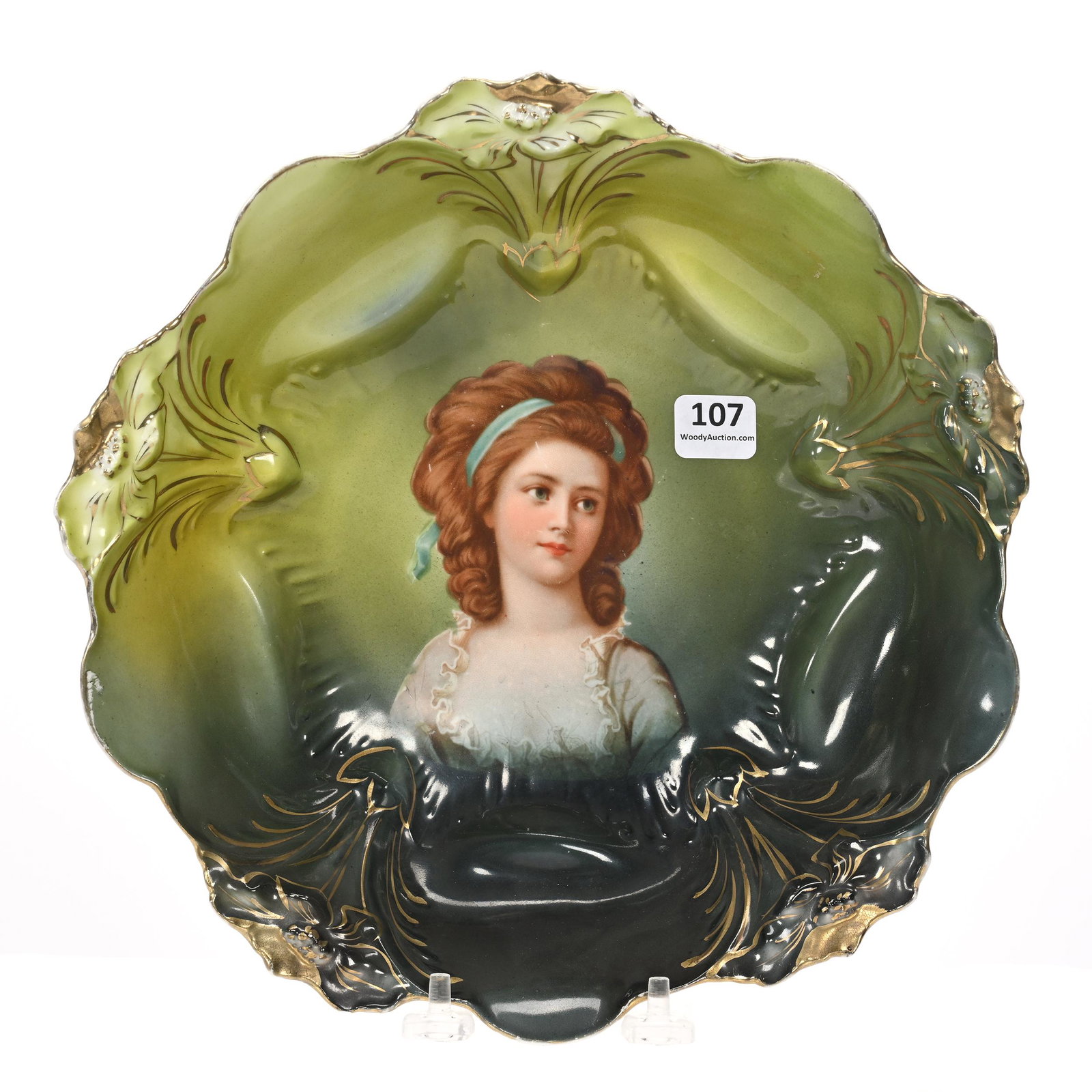 Bowl Marked Royal Vienna: Bowl Marked Royal Vienna, 10", Lily Mold, Green With Potocka Portrait, Marvin & Kay Kraus, NE.