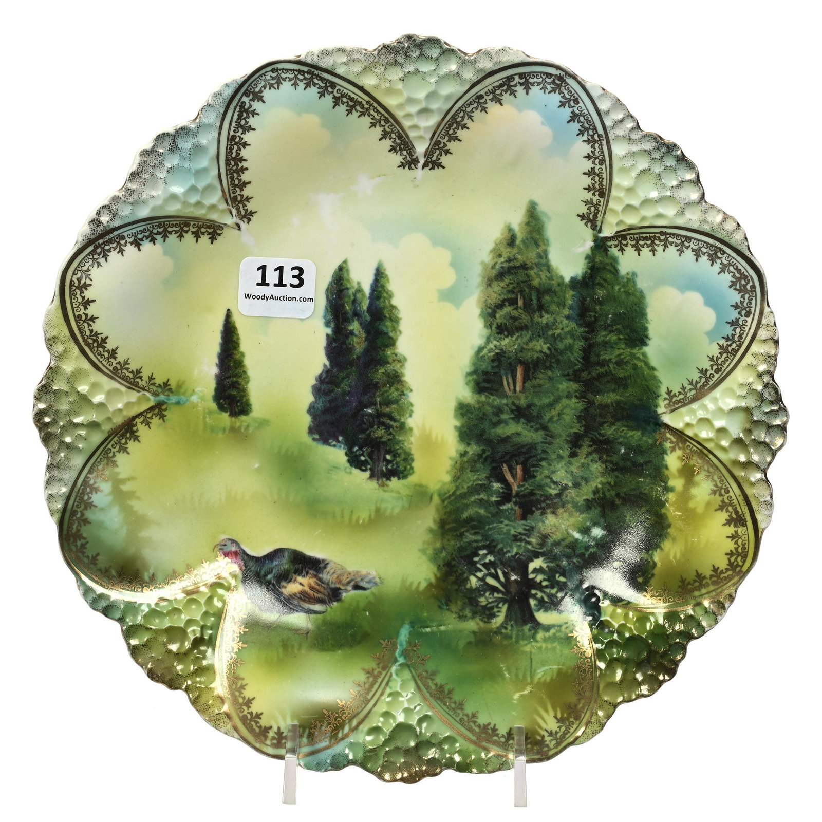Plate, Unmarked R.S. Prussia: Plate, Unmarked R.S. Prussia, 8.5", Turkey And Evergreen Scenic Decor, Small Hairline At Rim Which Has Been Professionally Repaired, Marvin & Kay Kraus, NE.