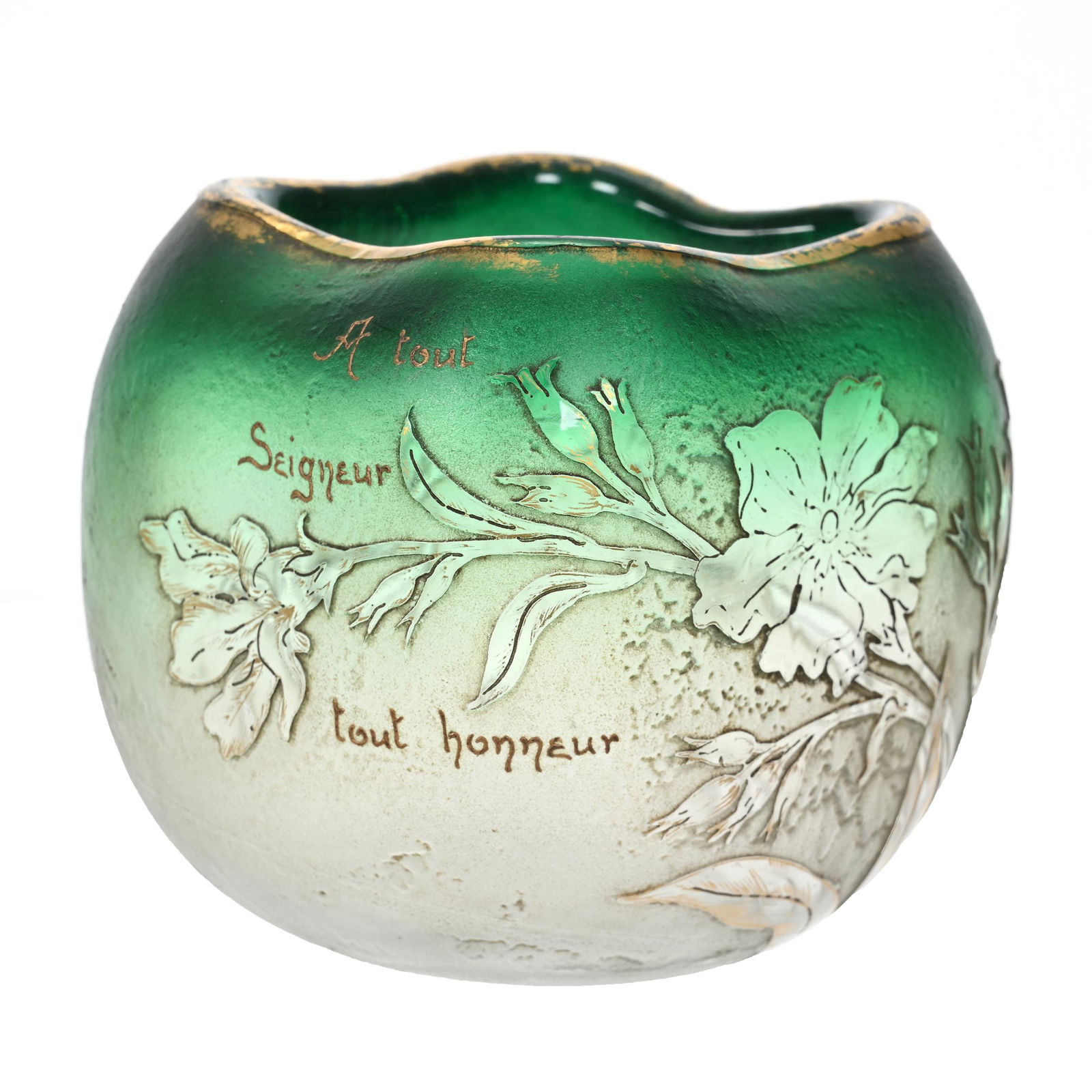 Rose Bowl Signed Daum Nancy French Cameo Art Glass: Rose Bowl Signed Daum Nancy French Cameo Art Glass, 3" x 3.25", Four-Sided, Acid Cut Floral Decor, "A Tout Seigneur Tout Honneur" (Give Honor Where Honor Is Due), Some Gold Stencil Wear, Elfriede & Ma