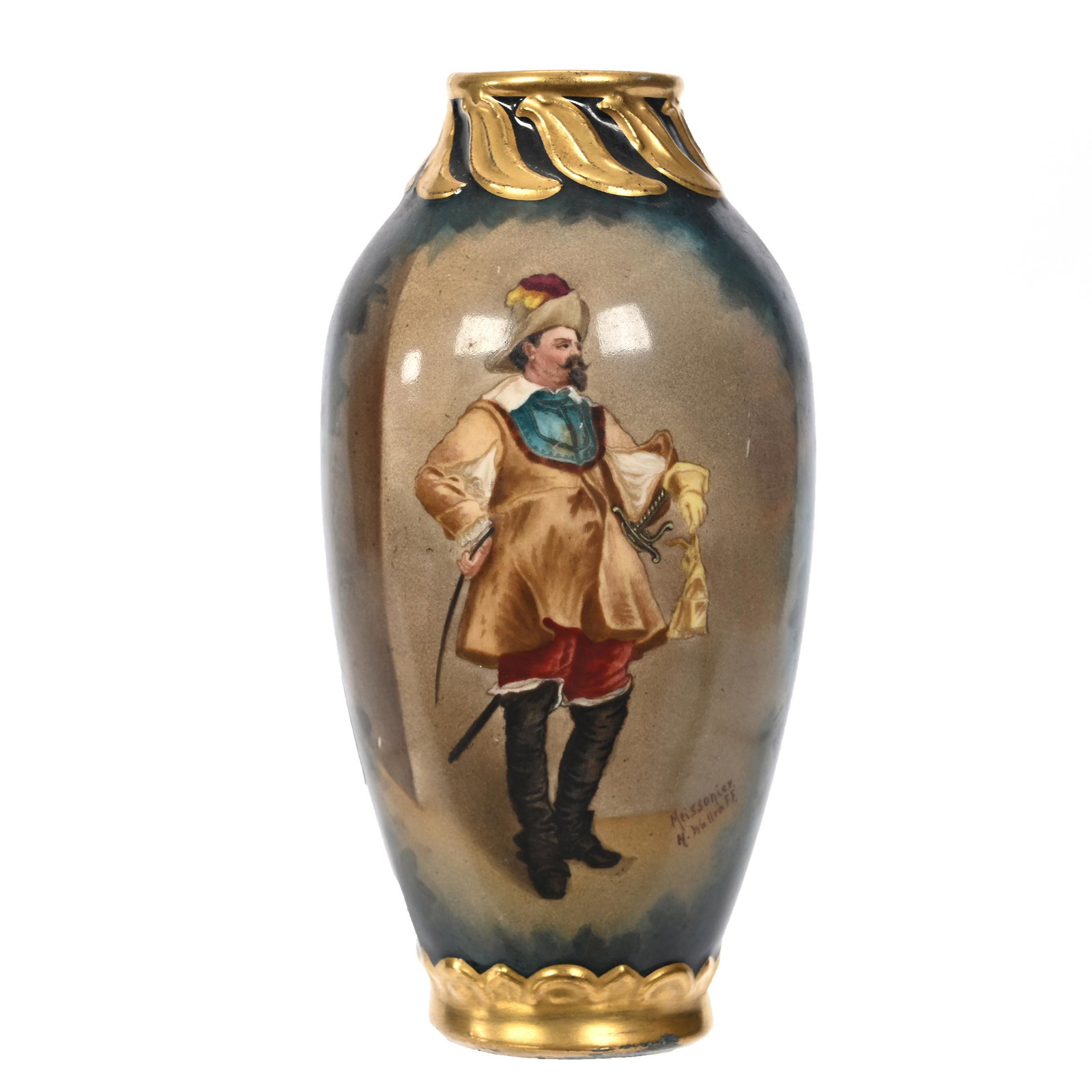 Vase, Unmarked Royal Bonn: Vase, Unmarked Royal Bonn, 6" x 3", Scene Of Cavalier Dropping A Glove To Signal His Intention To Fight, Blue Mottled Ground, Nice Gold Trim, Artist Signed Meissonier H. Wallraff, Elfriede & Marvin Mi