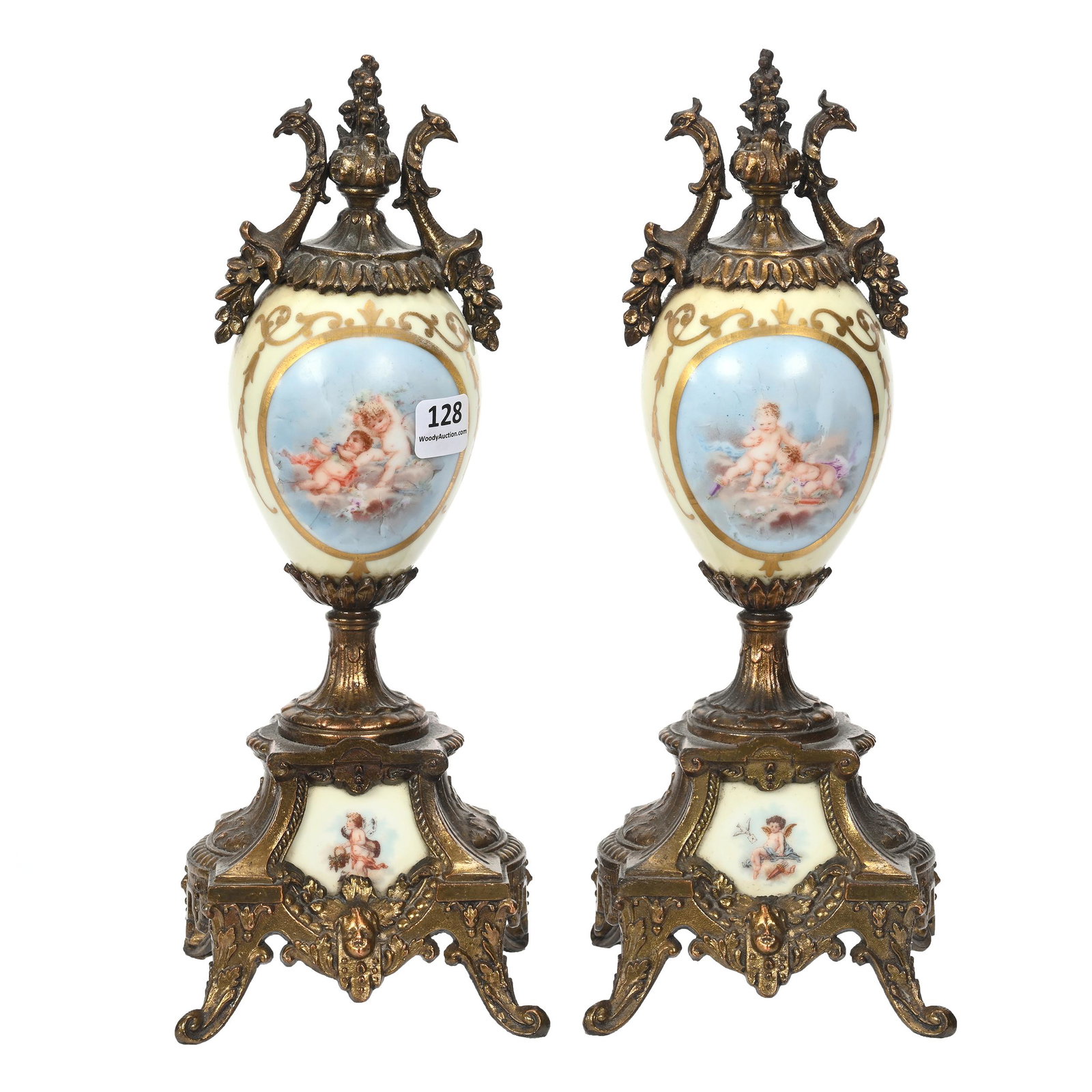 Pair Decorative Side Pieces, Sevres Style: Pair Decorative Side Pieces, Sevres Style, 11.5" x 4.5", Unmarked, Yellow With Blue Medallion With Cherub Decor, Gilt Metal Base And Finial, Marvin & Kay Kraus, NE.