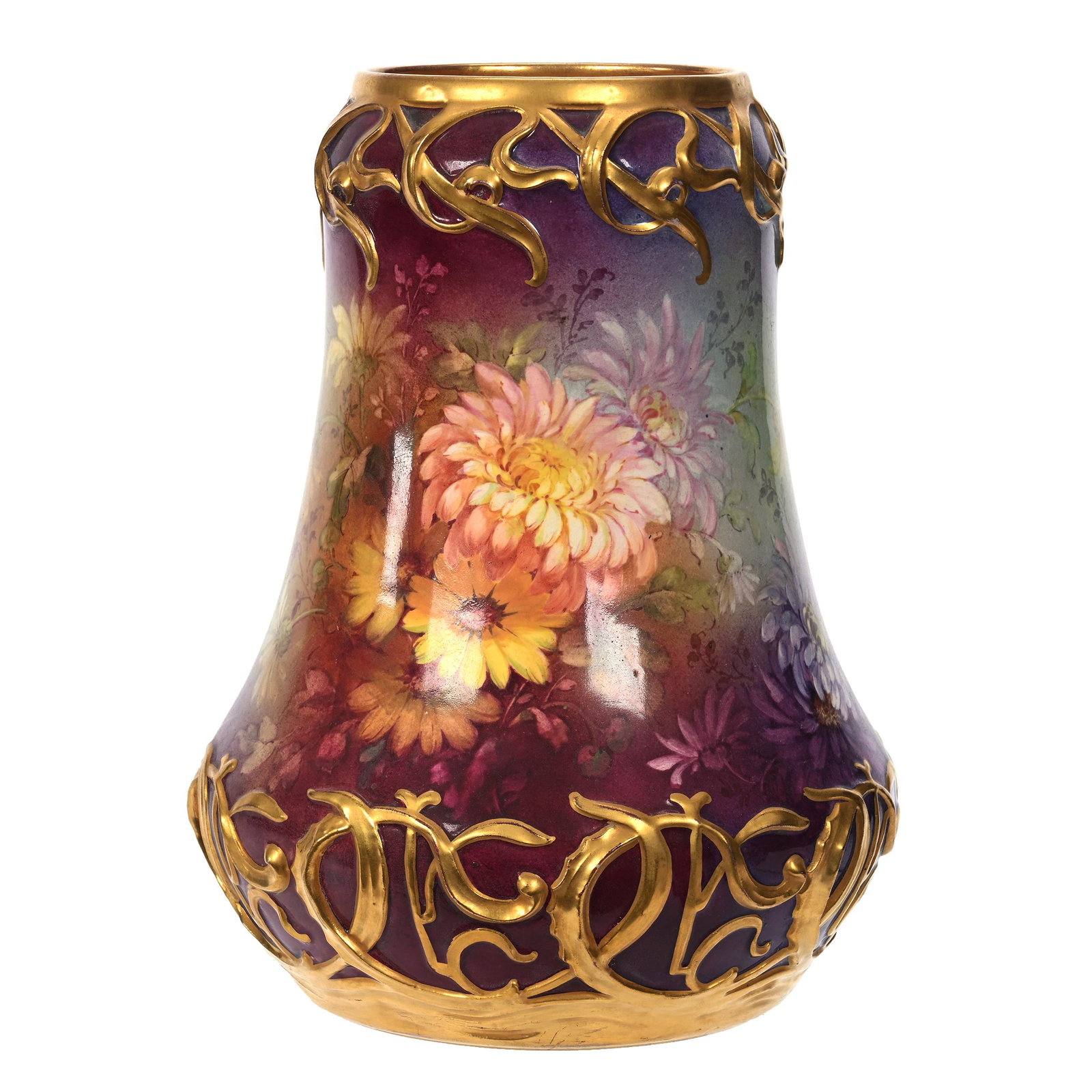 Vase Marked Royal Bonn: Vase Marked Royal Bonn, 10.5" x 8", Lavender, Green And Blue Tones, Wild Floral Decor, Elaborate Embossed Design With Gold Highlights, Elfriede & Marvin Miller Estate, ND.