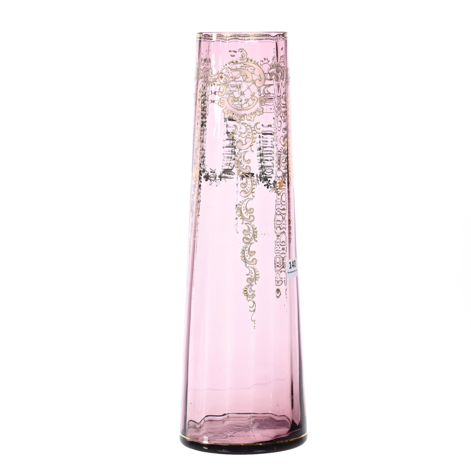 Vase, Pale Amethyst Art Glass, Optic Rib: Vase, Pale Amethyst Art Glass, Optic Rib, 15" x 4.5", Gold Stencil And Enamel Decor, Marvin & Kay Kraus, NE.