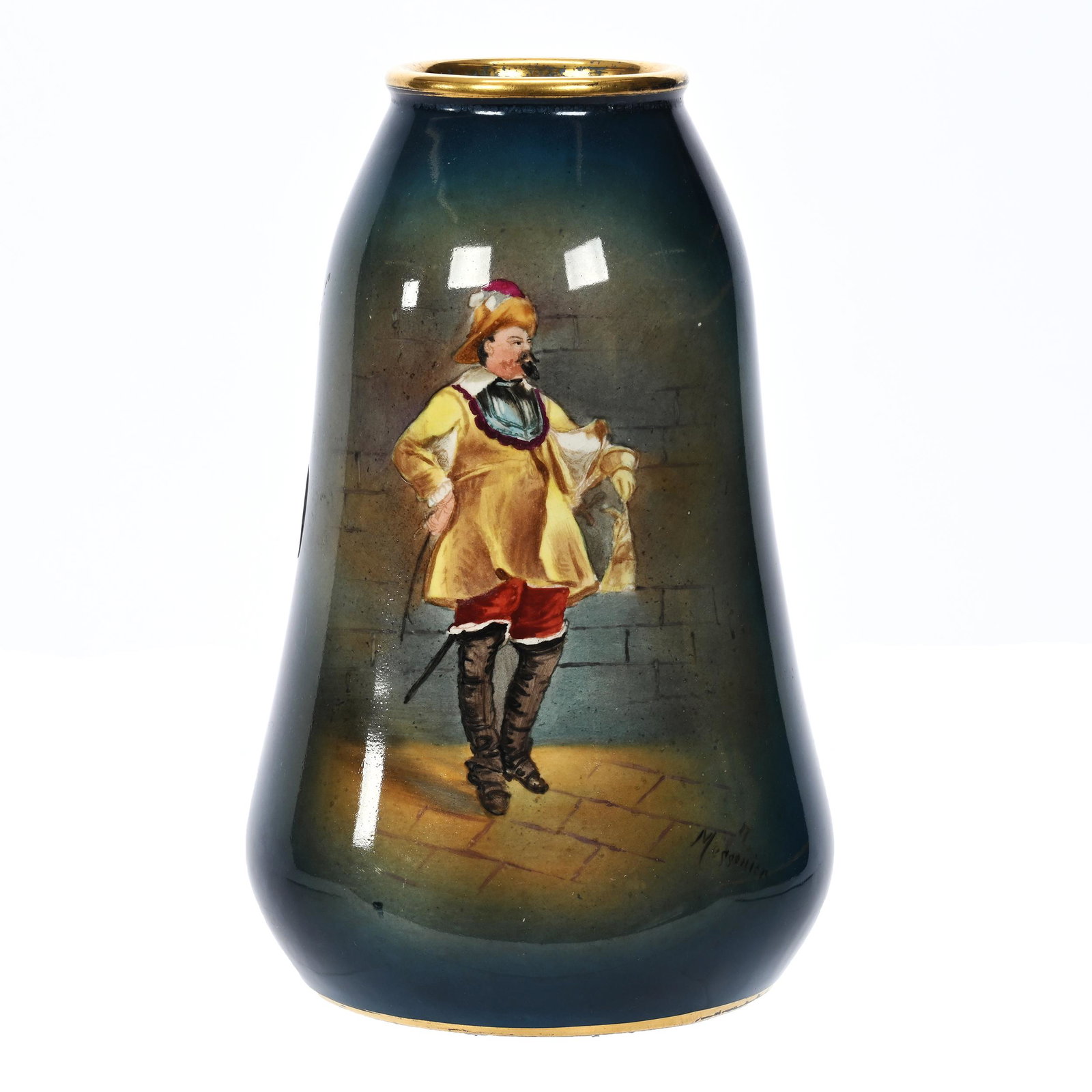 Vase Marked Royal Bonn: Vase Marked Royal Bonn, 6.75" x 4", Scene Of Cavalier Dropping A Glove To Signal His Intention To Fight, Dark Blue Ground, Nice Gold Trim, Artist Signed Meissonier, Elfriede & Marvin Miller Estate, ND