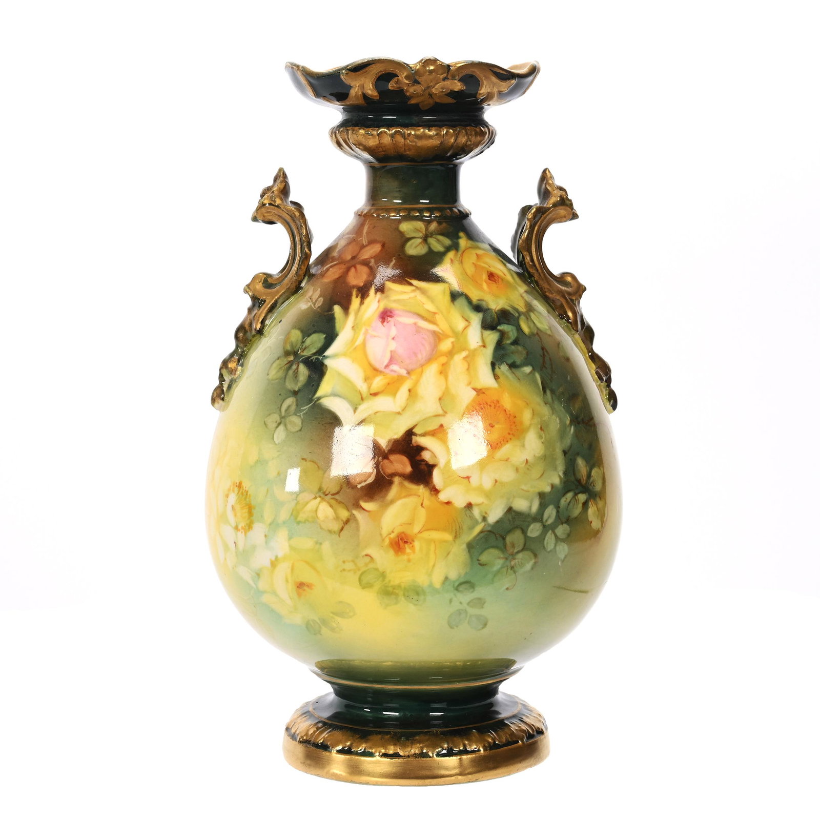 Pedestal Vase Marked Royal Bonn: Pedestal Vase Marked Royal Bonn, 10.25" x 5.5", Green And Yellow Tones, Yellow Floral Decor, Gold Trim Highlights, Elfriede & Marvin Miller Estate, ND.