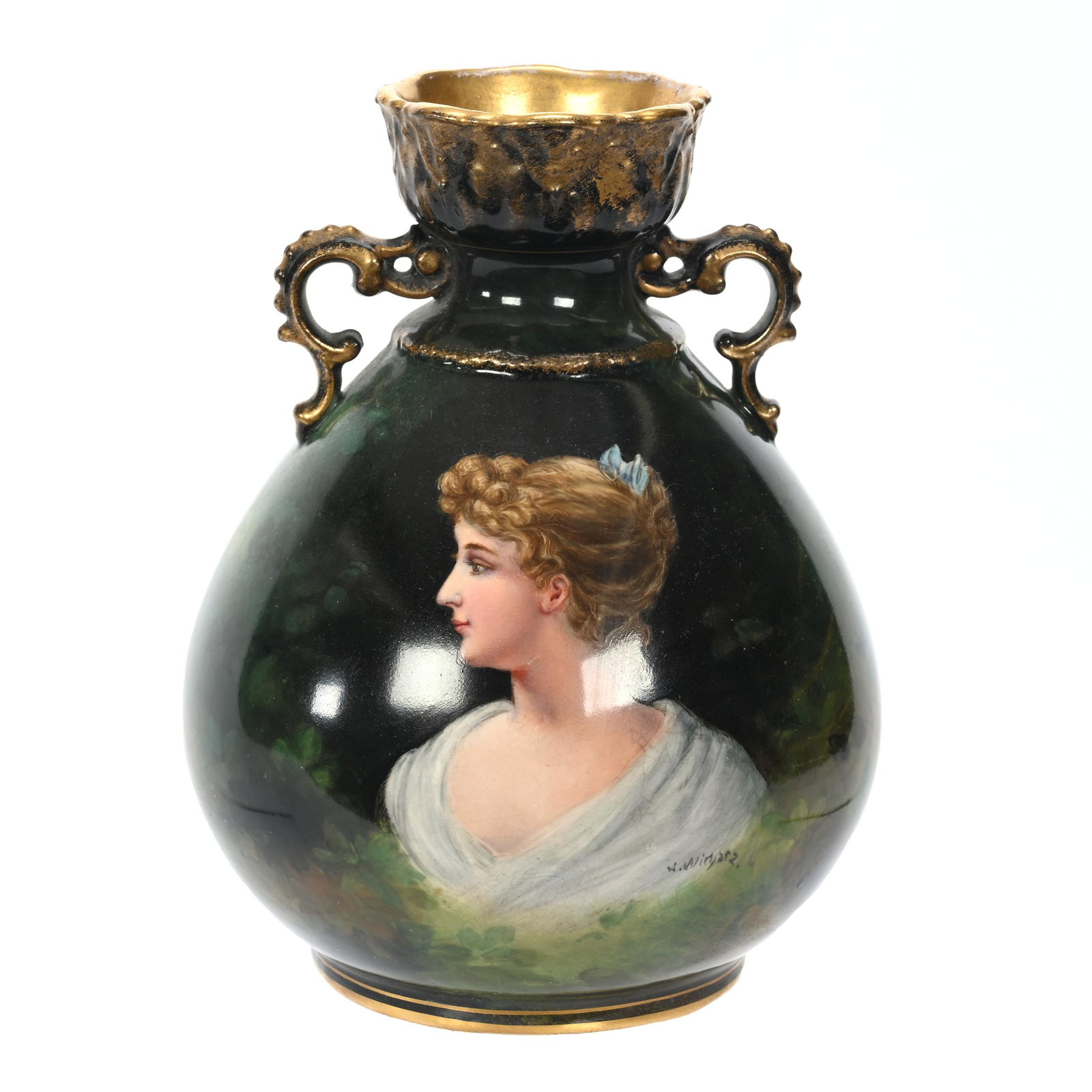 Vase Marked Royal Bonn, Portrait: Vase Marked Royal Bonn, Portrait, 7.25" x 5.5", Green Tones With Portrait Of Young Woman, Artist Signed, Elfriede & Marvin Miller Estate, ND.