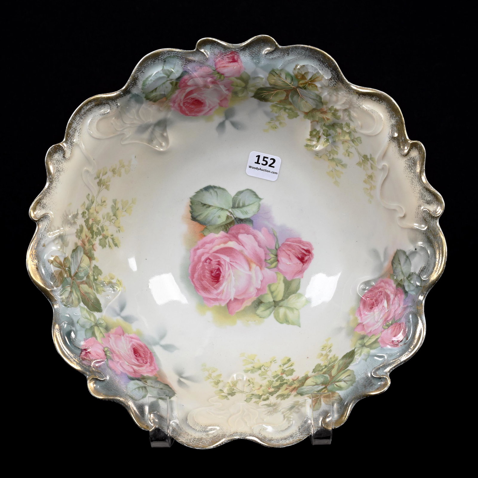 Bowl Marked Royal Bayreuth Blue Mark: Bowl Marked Royal Bayreuth Blue Mark, 10.75", Cream And Gray Tones, Pink Rose Decor, Marvin & Kay Kraus, NE.