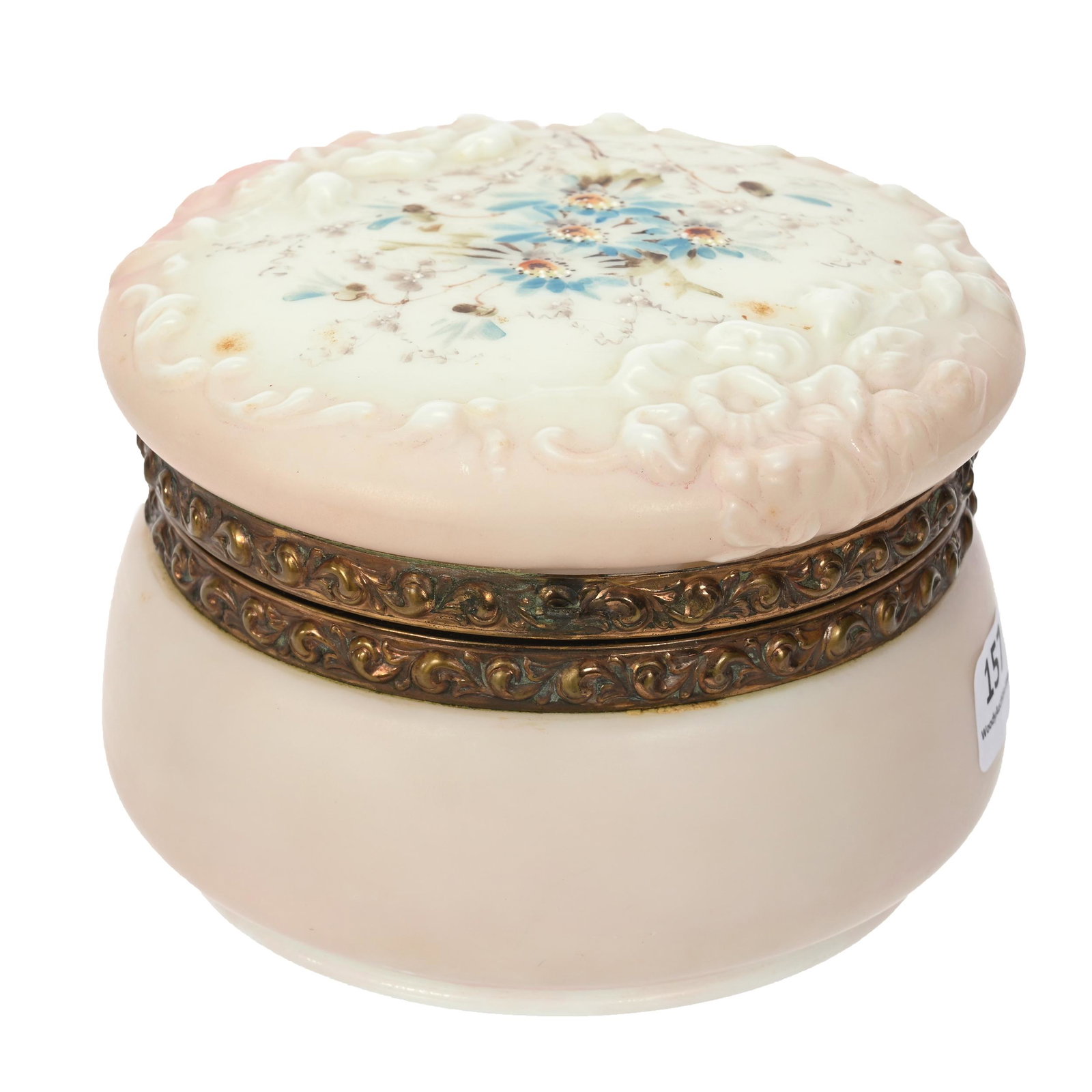 Jewel Box, Unmarked Wave Crest: Jewel Box, Unmarked Wave Crest, 3.5" x 5", Embossed Floral Mold, Pink And White Tones, Blue Floral Decor, Concave Base, No Clasp, Clifford Swift Collection, GA.