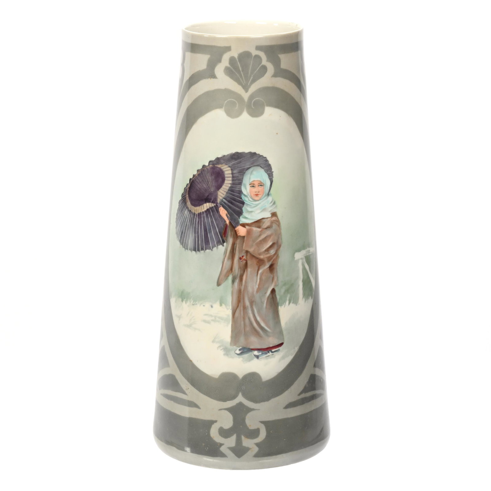 Tapered Vase Marked Willetts Belleek: Tapered Vase Marked Willetts Belleek, 15" x 6", Gray Tones, Different Scenes Of Oriental Woman Holding Umbrella On Front And Back Of Vase, Artist Signed J.P. Haskell, Elfriede & Marvin Miller Estate, 