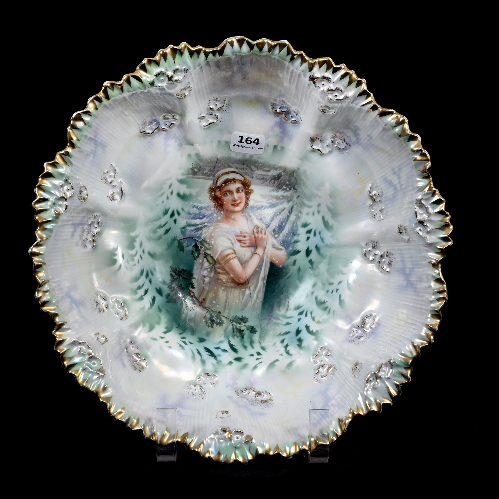 Bowl Marked R.S. Prussia: Bowl Marked R.S. Prussia, 10.5", Winter Scene Portrait Decor, White And Cream Satin Finish, Nice Quality, Marvin & Kay Kraus, NE.