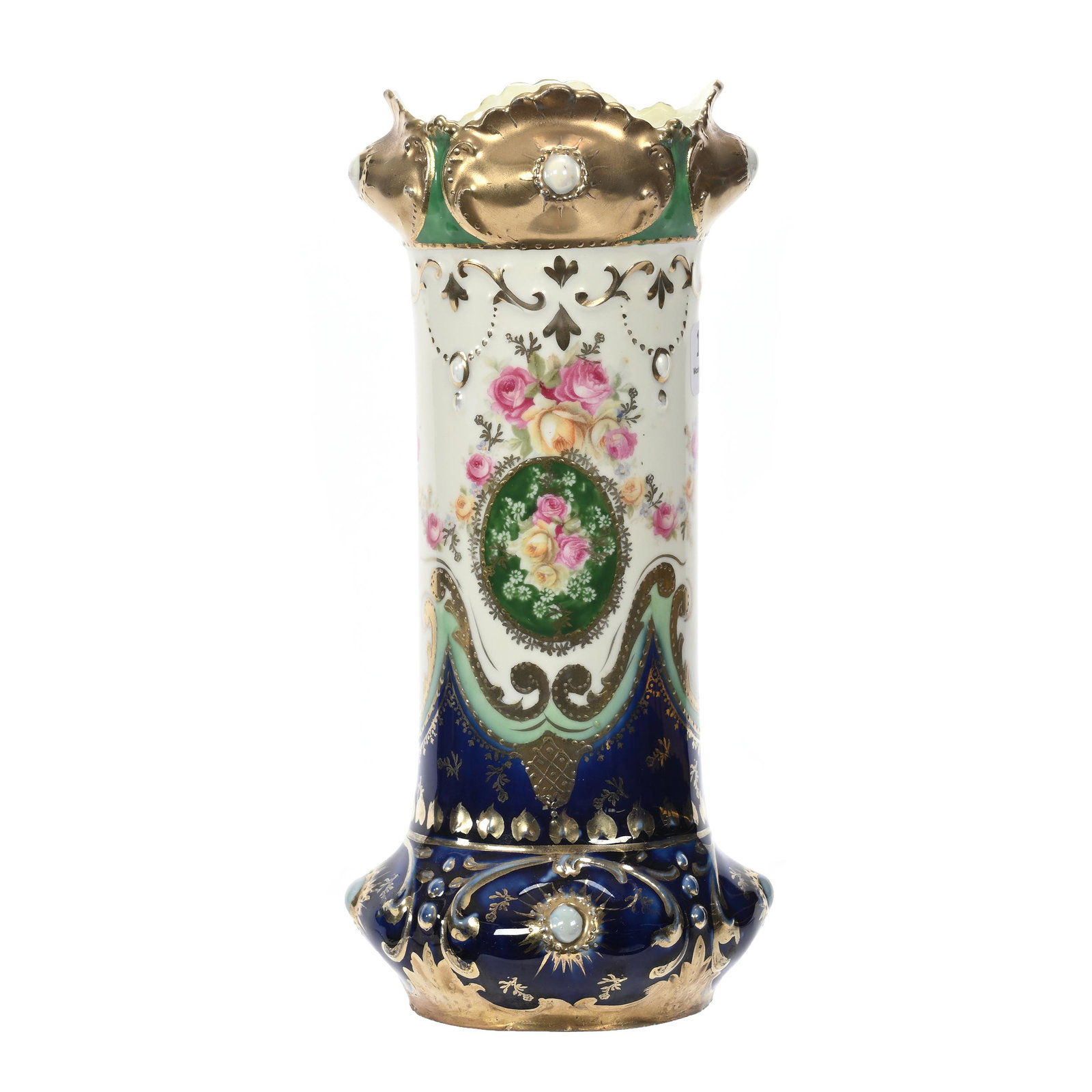 Vase Marked R.S. Prussia: Vase Marked R.S. Prussia, 9" x 4", Cream With Floral Garland And Medallion Decor, Cobalt Blue And Green Border, Fantastic Gold With Opal Jewels, Marvin & Kay Kraus, NE.