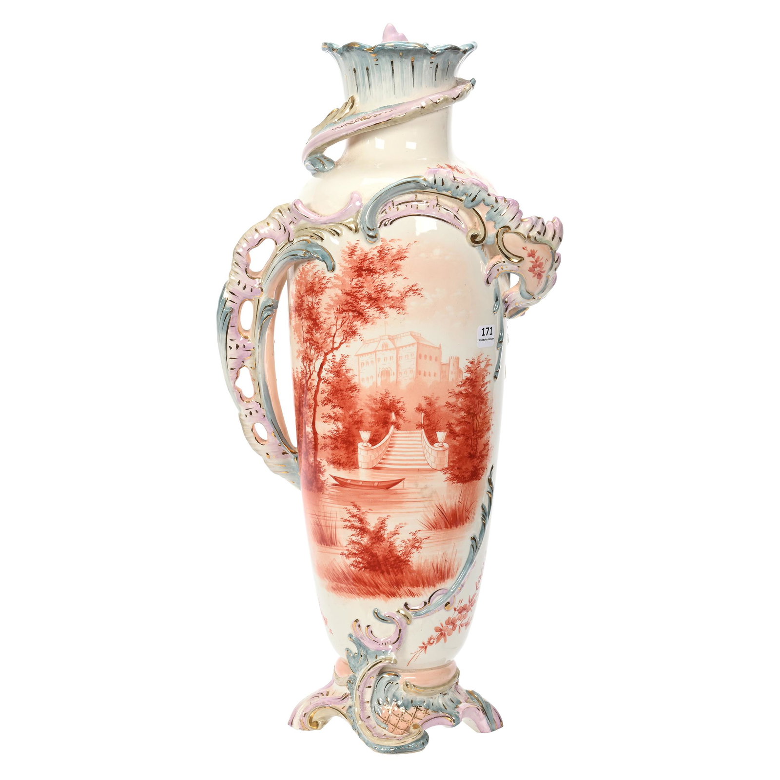 Vase Marked Royal Bonn: Vase Marked Royal Bonn, 23" x 10", White With Scene Of Orange Castle And Terrace, Reticulated Handles, Highest Point Of Rim Has Professional Repair, Elfriede & Marvin Miller Estate, ND.