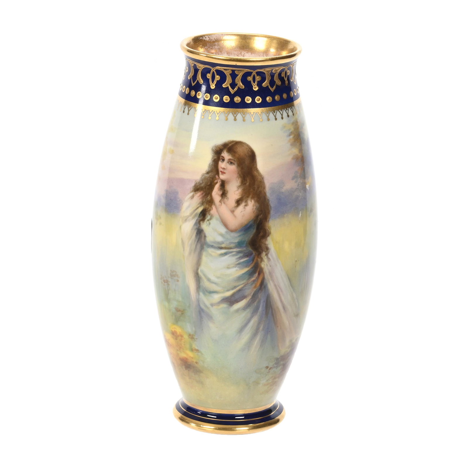 Vase Marked Royal Bonn: Vase Marked Royal Bonn, 8" x 3.25", Beautiful Scene With Young Woman Near Lake, Cobalt Blue Border, Great Gold Trim, Artist Signed, Elfriede & Marvin Miller Estate, ND.