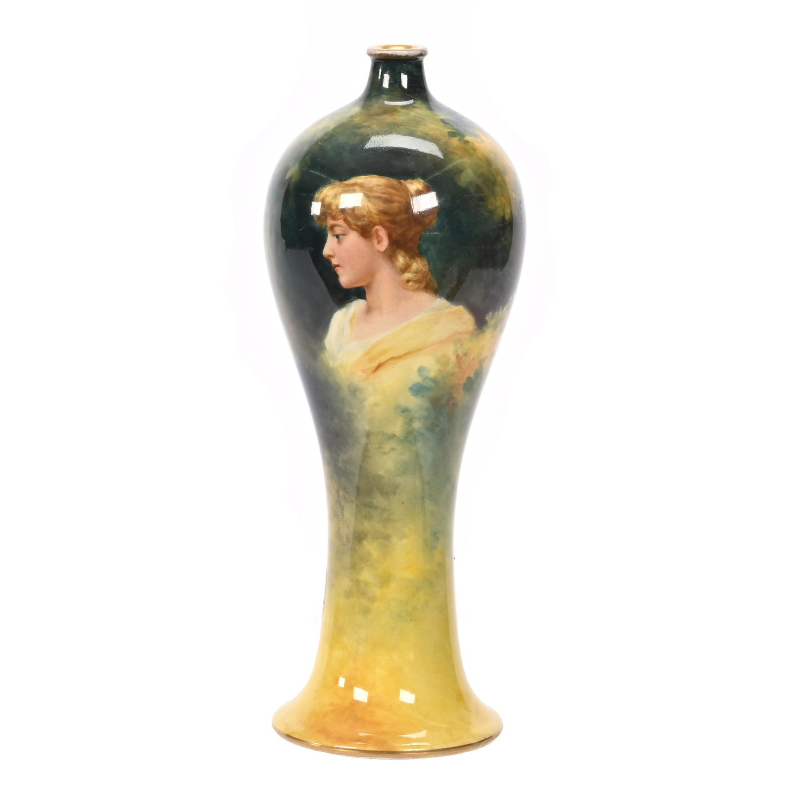 Vase Marked Royal Bonn: Vase Marked Royal Bonn, 9.5" x 3.5", Green And Yellow Tones, Portrait Of Young Woman, Artist Signed C. Sticher, Elfriede & Marvin Miller Estate, ND.