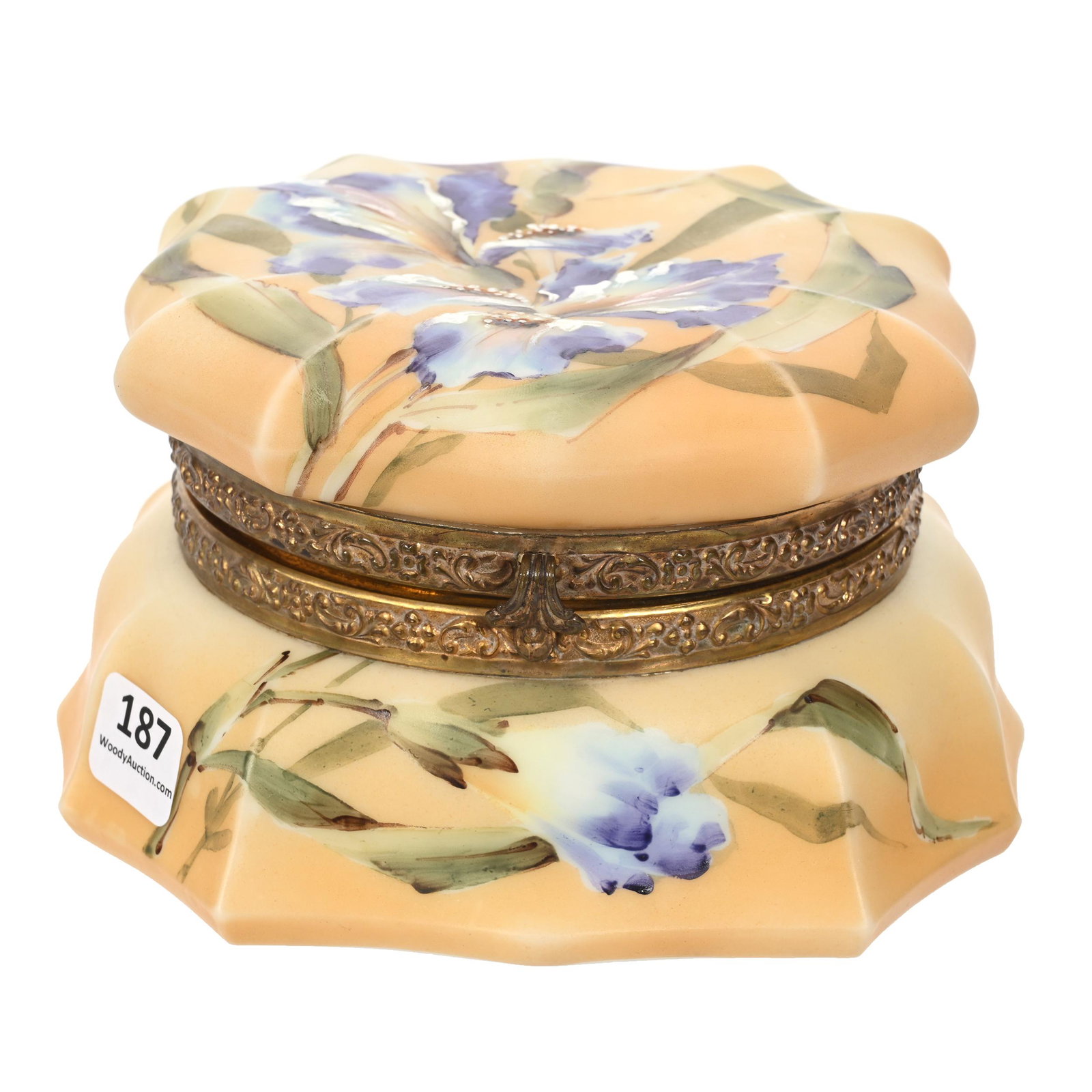 Jewel Box Marked Nakara: Jewel Box Marked Nakara, 3.5" x 6", Apricot Tones With Lavender Iris Decor, Beveled Mirror Inset Lid, Clifford Swift Collection, GA.