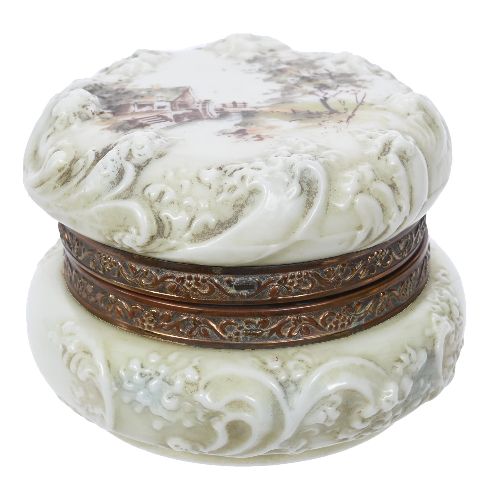 Jewel Box, Wave Crest Stamp Mark: Jewel Box, Wave Crest Stamp Mark, 3.25" x 4", Seafoam Mold, White And Green Tones, Mill Scene Decor, No Clasp, Clifford Swift Collection, GA.