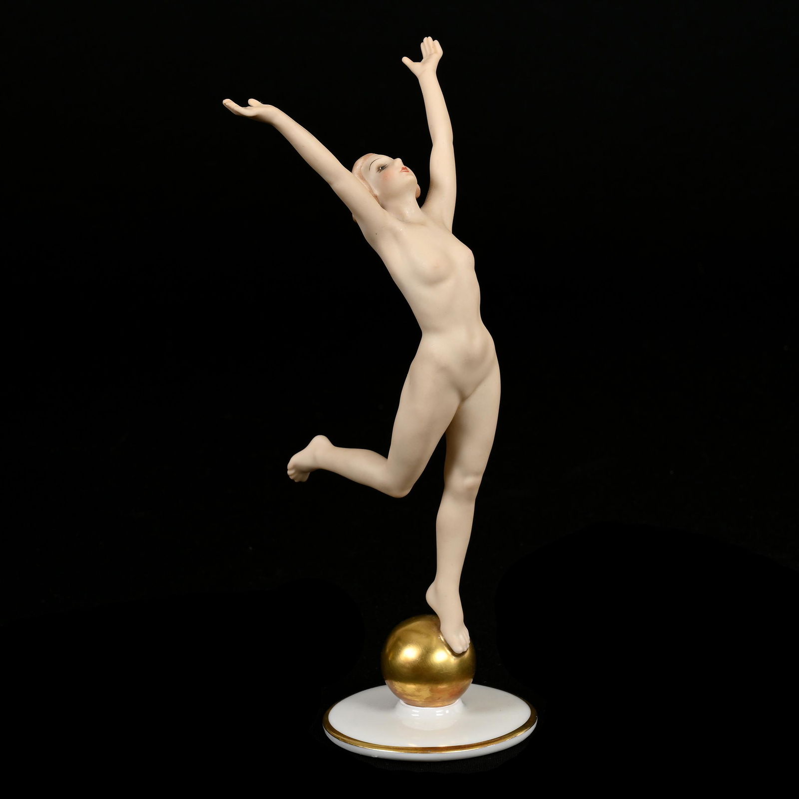 Figurine Marked Hutchenreuther, Nude On Ball: Figurine Marked Hutchenreuther, Nude On Ball, 8.5" x 4", Artist Impressed "K. Tutter", Elfriede & Marvin Miller Estate, ND.