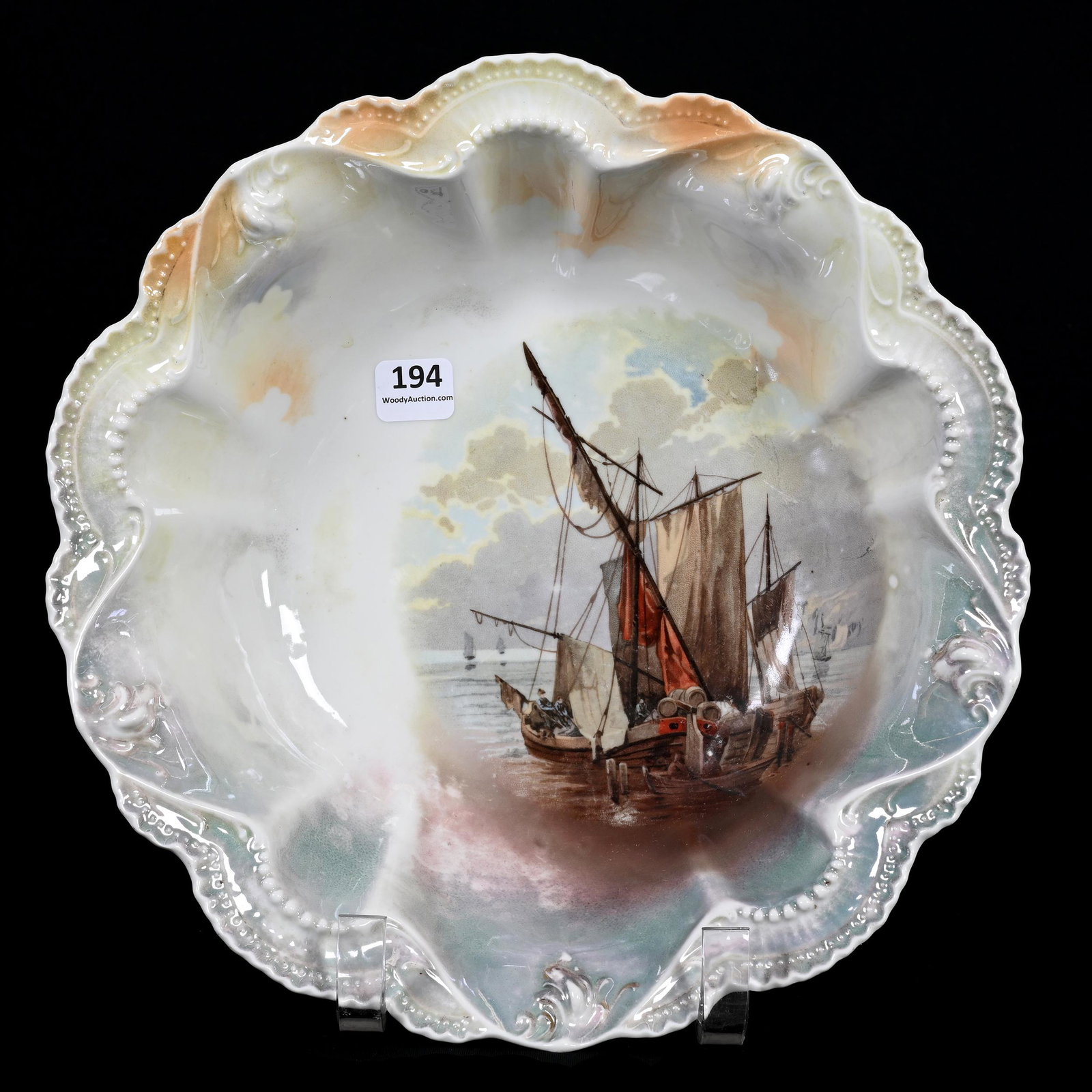 Bowl Marked R.S. Prussia: Bowl Marked R.S. Prussia, 10.5", Schooner Scenic Decor, Luster Finish, Marvin & Kay Kraus, NE.