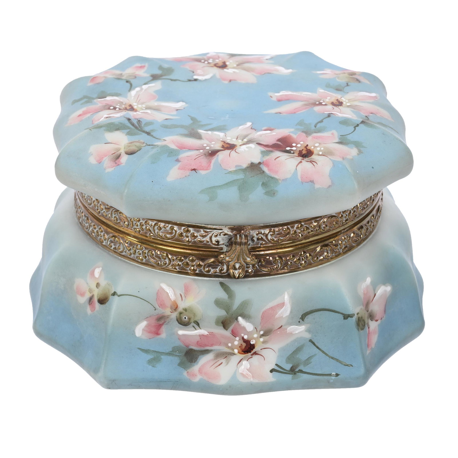 Jewel Box Marked Nakara: Jewel Box Marked Nakara, 3.5" x 6", Blue Tones, Pink Floral Decor, Original Lining, Clifford Swift Collection, GA.