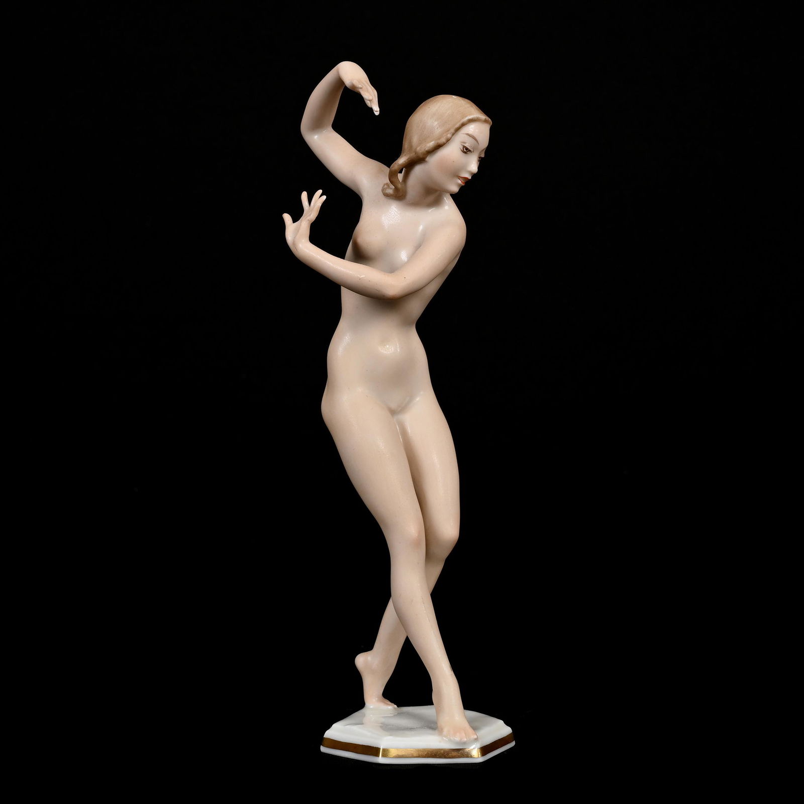Figurine Marked Hutchenreuther, Nude Twisting: Figurine Marked Hutchenreuther, Nude Twisting, 8.5" x 3", Artist Impressed "C. Werner", Elfriede & Marvin Miller Estate, ND.