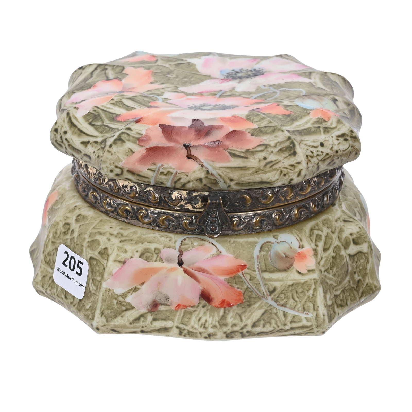 Jewel Box Marked Kelva: Jewel Box Marked Kelva, 3.5" x 6", Green Mottled Ground, Pink Poppy Decor, Clifford Swift Collection, GA.