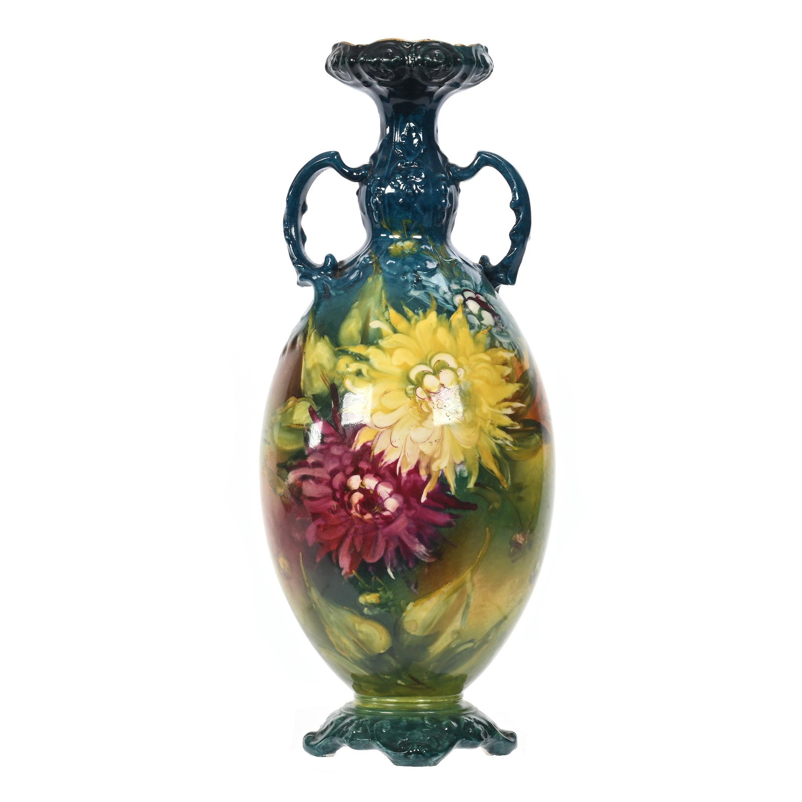 Vase Marked Royal Bonn: Vase Marked Royal Bonn, 13" x 5", Two Handles, Turquoise, Blue, Green And Yellow Tones, Chrysanthemum Floral Decor, Elfriede & Marvin Miller Estate, ND.