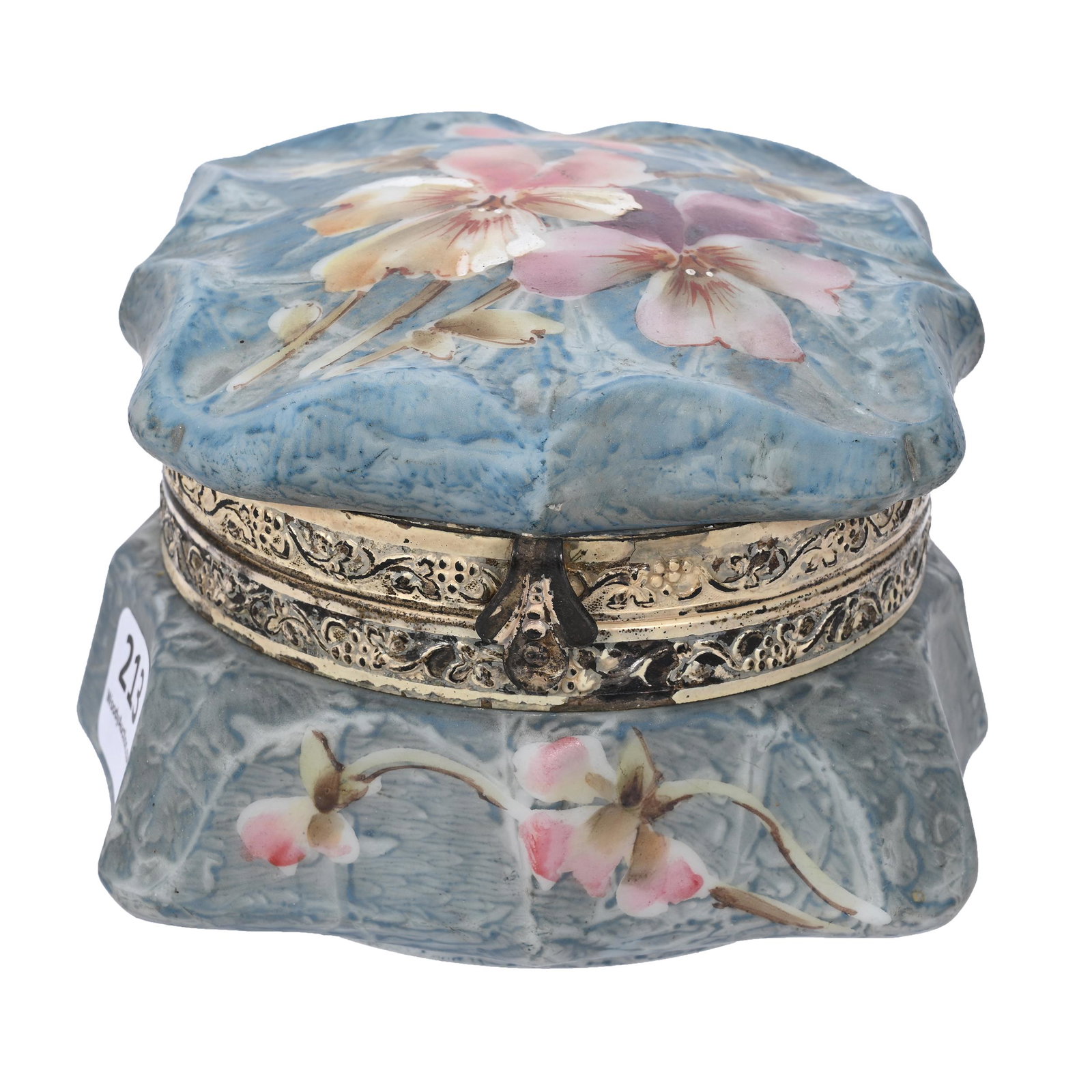 Jewel Box Marked Kelva: Jewel Box Marked Kelva, 3" x 4", Square, Blue Mottled Ground, Pink Floral Decor, Clifford Swift Collection, GA.