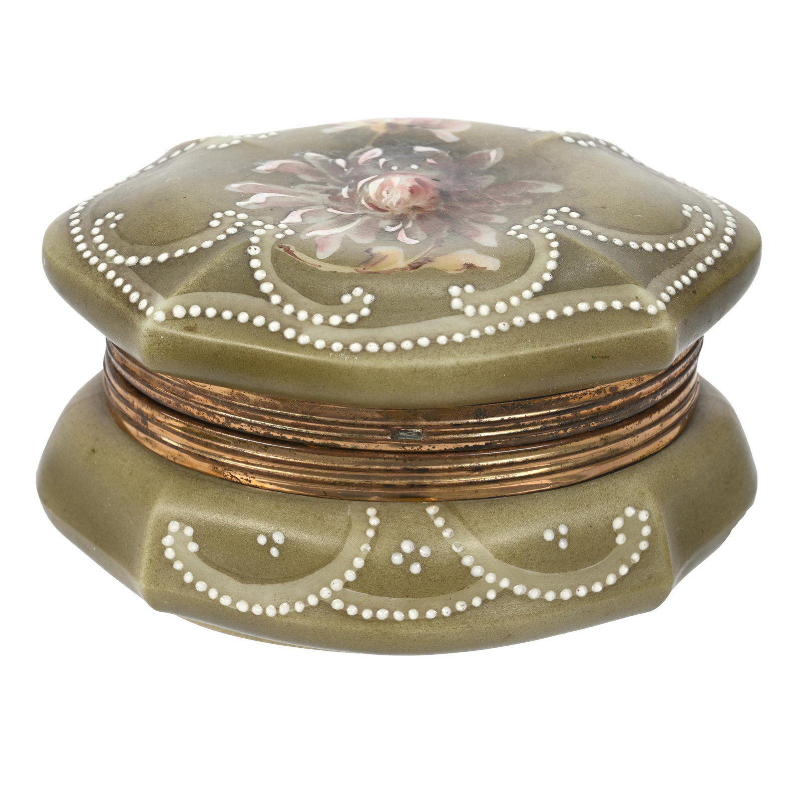 Oval Jewel Box Marked Nakara: Oval Jewel Box Marked Nakara, 3" x 5.25", Green With Pink Floral Decor, White Enamel Beaded Highlights, No Clasp, Clifford Swift Collection, GA.