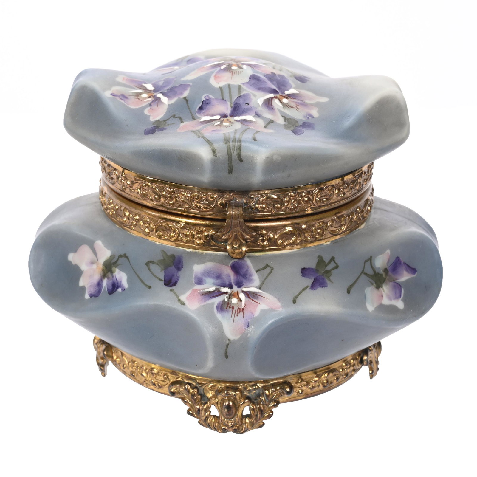 Jewel Box Marked Nakara: Jewel Box Marked Nakara, 4.25" x 5.25", Blue Tones, Violet Floral Decor, Bishop's Hat Mold, Clifford Swift Collection, GA.