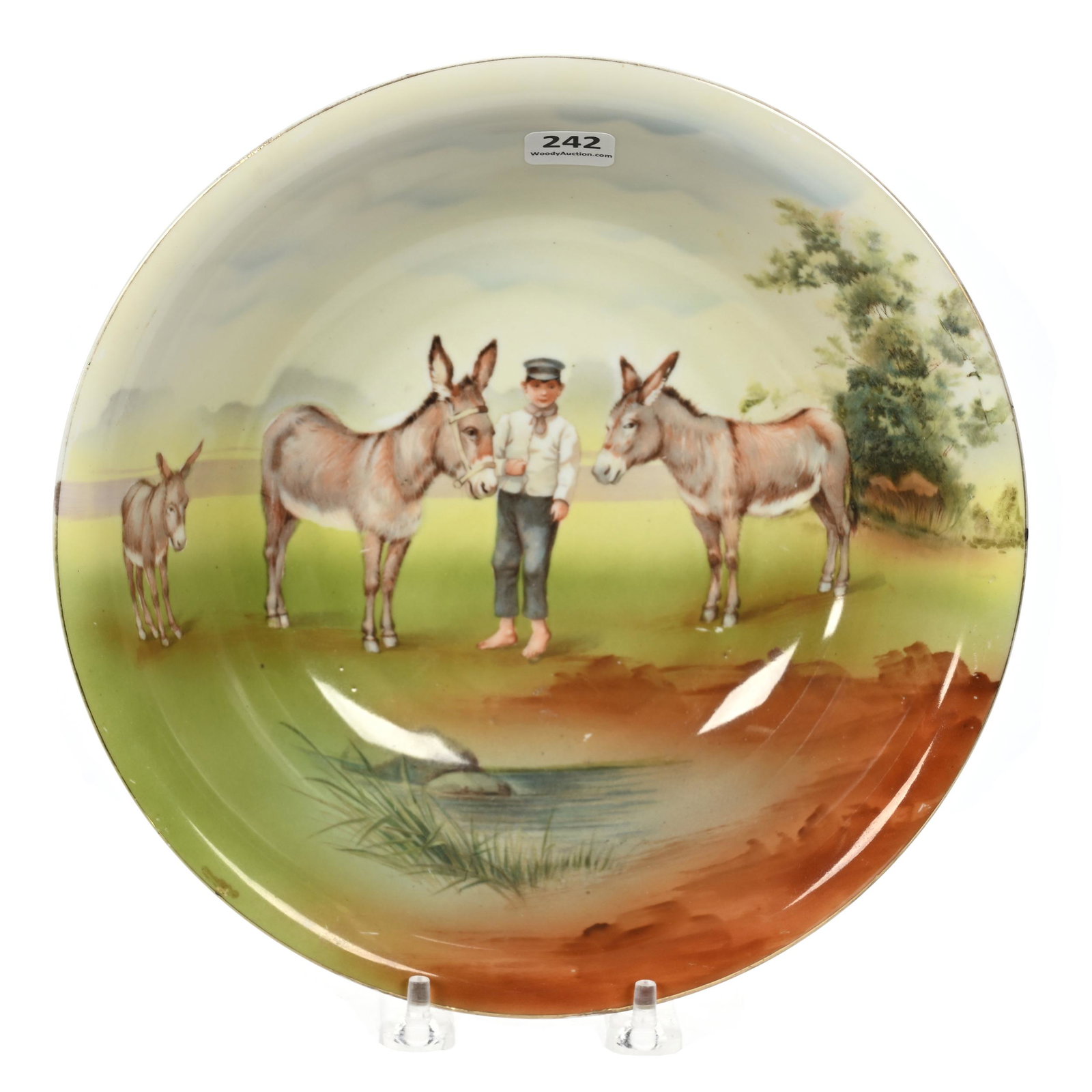 Bowl Marked Royal Bayreuth Blue Mark: Bowl Marked Royal Bayreuth Blue Mark, 9.5", Boy And Donkey Scenic Decor, Marvin & Kay Kraus, NE.