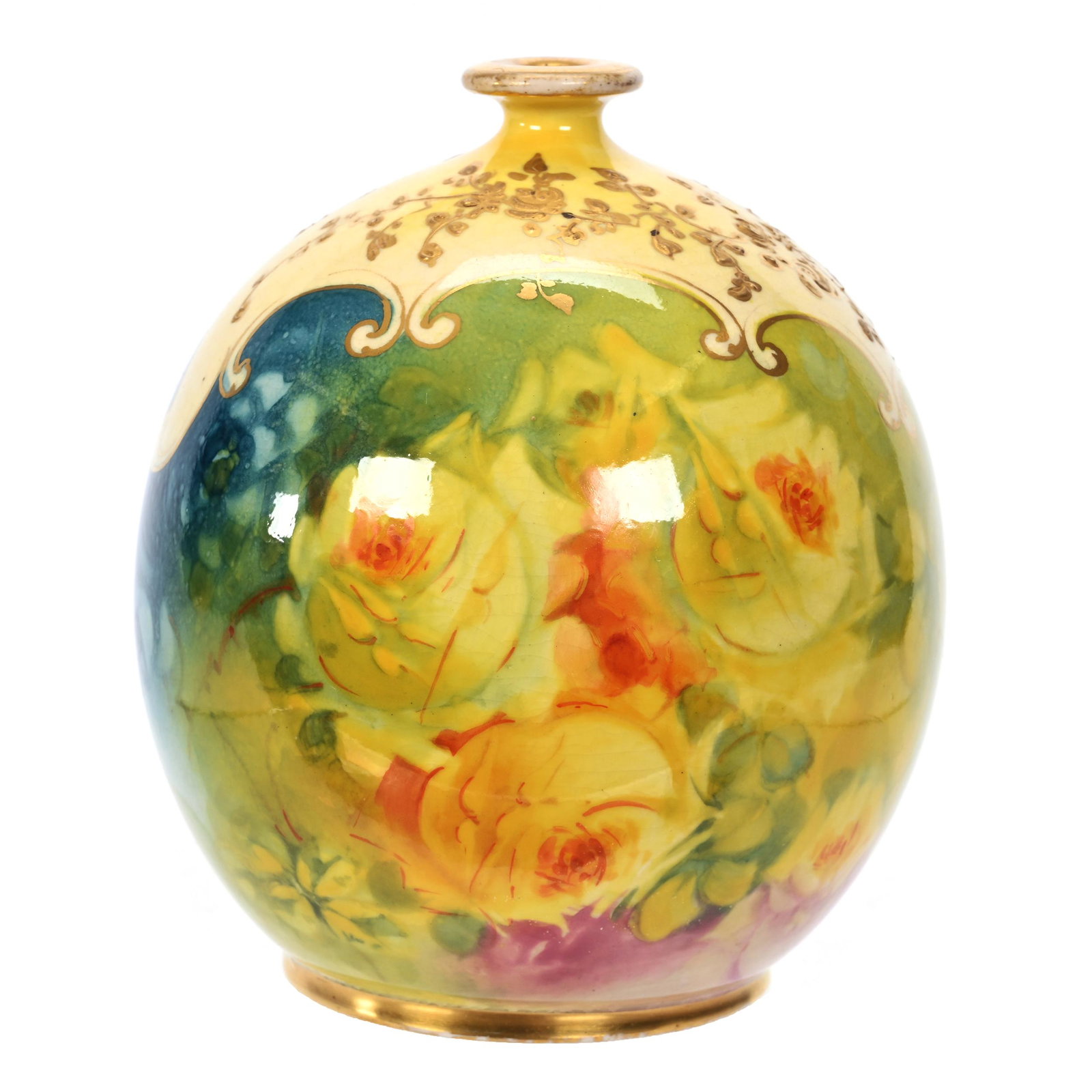 Ball Vase Marked Royal Bonn: Ball Vase Marked Royal Bonn, 4.5" x 3.75", Blue, Green And Yellow Tones, Rose Decor, Gold Enamel Highlights, Elfriede & Marvin Miller Estate, ND.