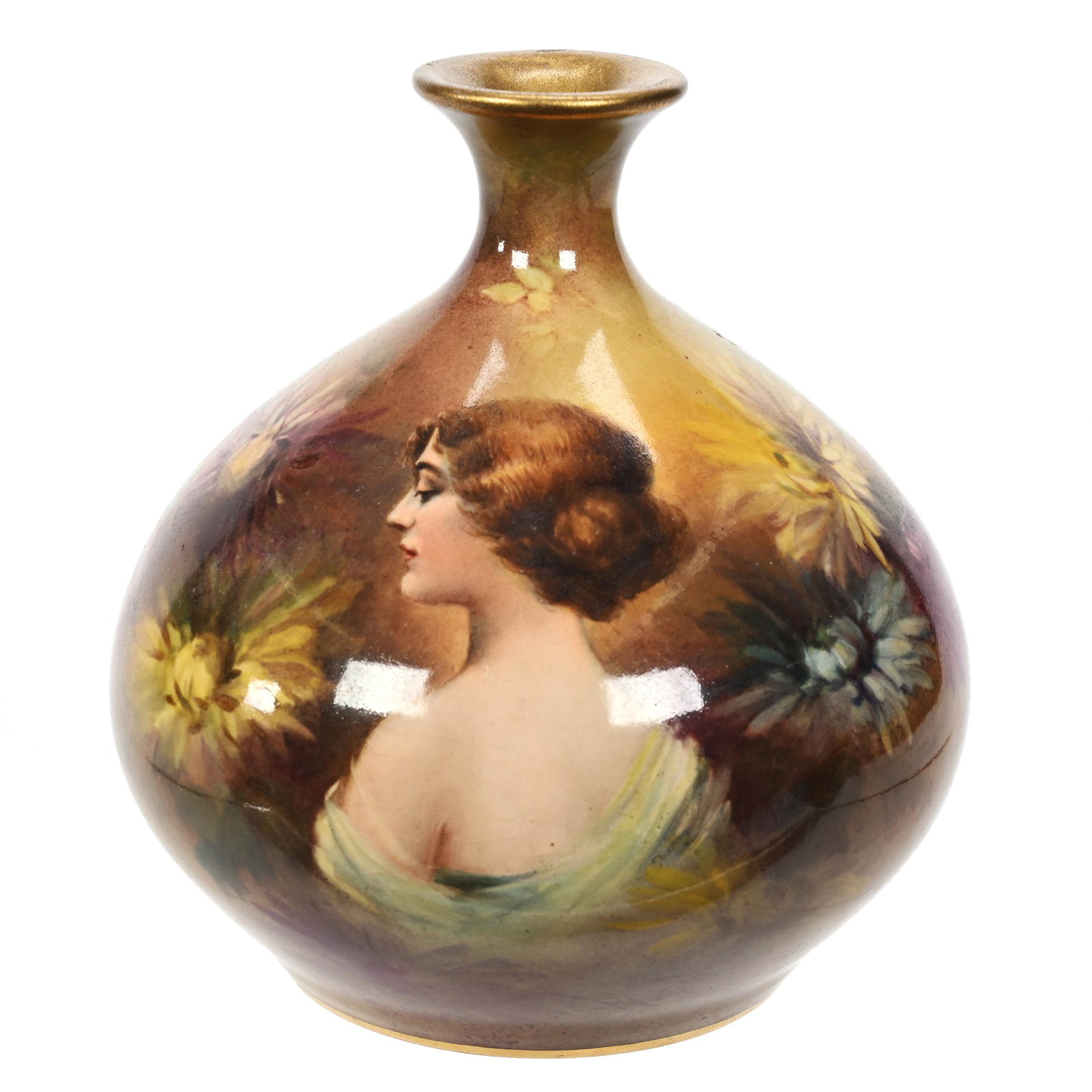 Vase, Unmarked Royal Bonn: Vase, Unmarked Royal Bonn, 5.25" x 4.75", Brown And Yellow Tones, Portrait Of Young Woman, Professional Rim Repair, Elfriede & Marvin Miller Estate, ND.