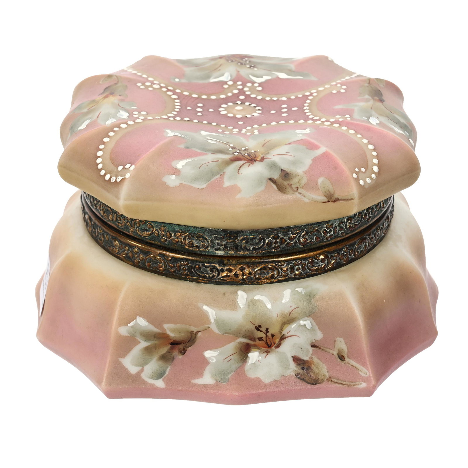 Jewel Box Marked Nakara: Jewel Box Marked Nakara, 3.5" x 6", Pink And Yellow Tones, Blue Floral Decor, White Beaded Enamel Highlights, Original Lining, Beveled Inset Mirror In Lid, No Clasp, Clifford Swift Collection, GA.