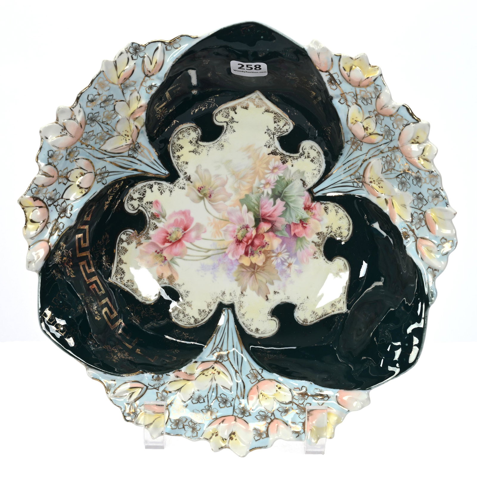 Bowl, Unmarked R.S. Prussia: Bowl, Unmarked R.S. Prussia, 10.5", Floral Mold, Cream Center With Wild Floral Decor, Dark Green And Blue Border, Unique Factory Flaw On Dark Green Sections, Gold Stencil Wear, Marvin & Kay Kraus, NE.